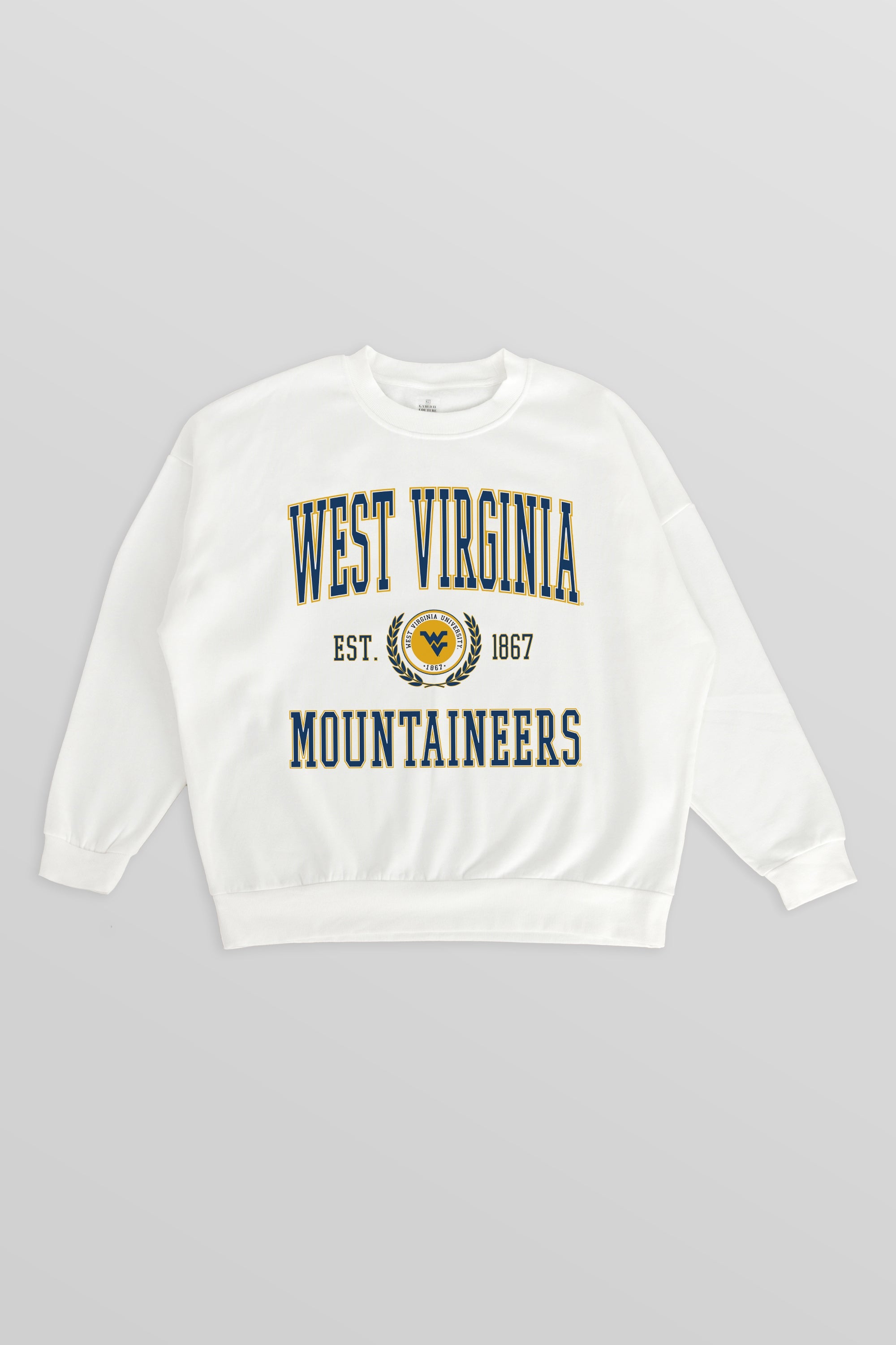 WEST VIRGINIA MOUNTAINEERS TIMELESS TRIUMPH PREMIUM FLEECE DROP SHOULDER CREWNECK PULLOVER