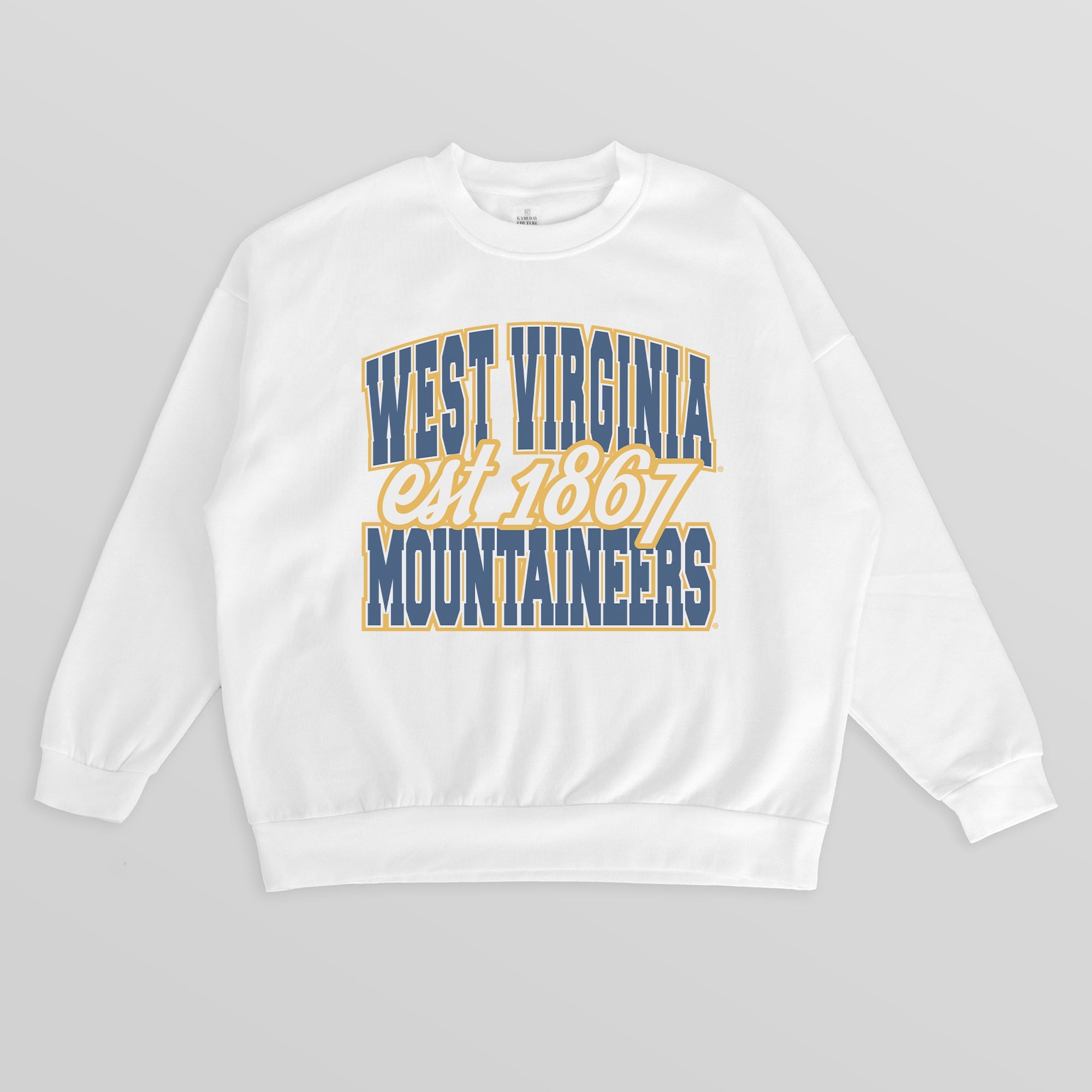 WEST VIRGINIA MOUNTAINEERS FADED FORMATION PREMIUM FLEECE DROP SHOULDER CREWNECK PULLOVER
