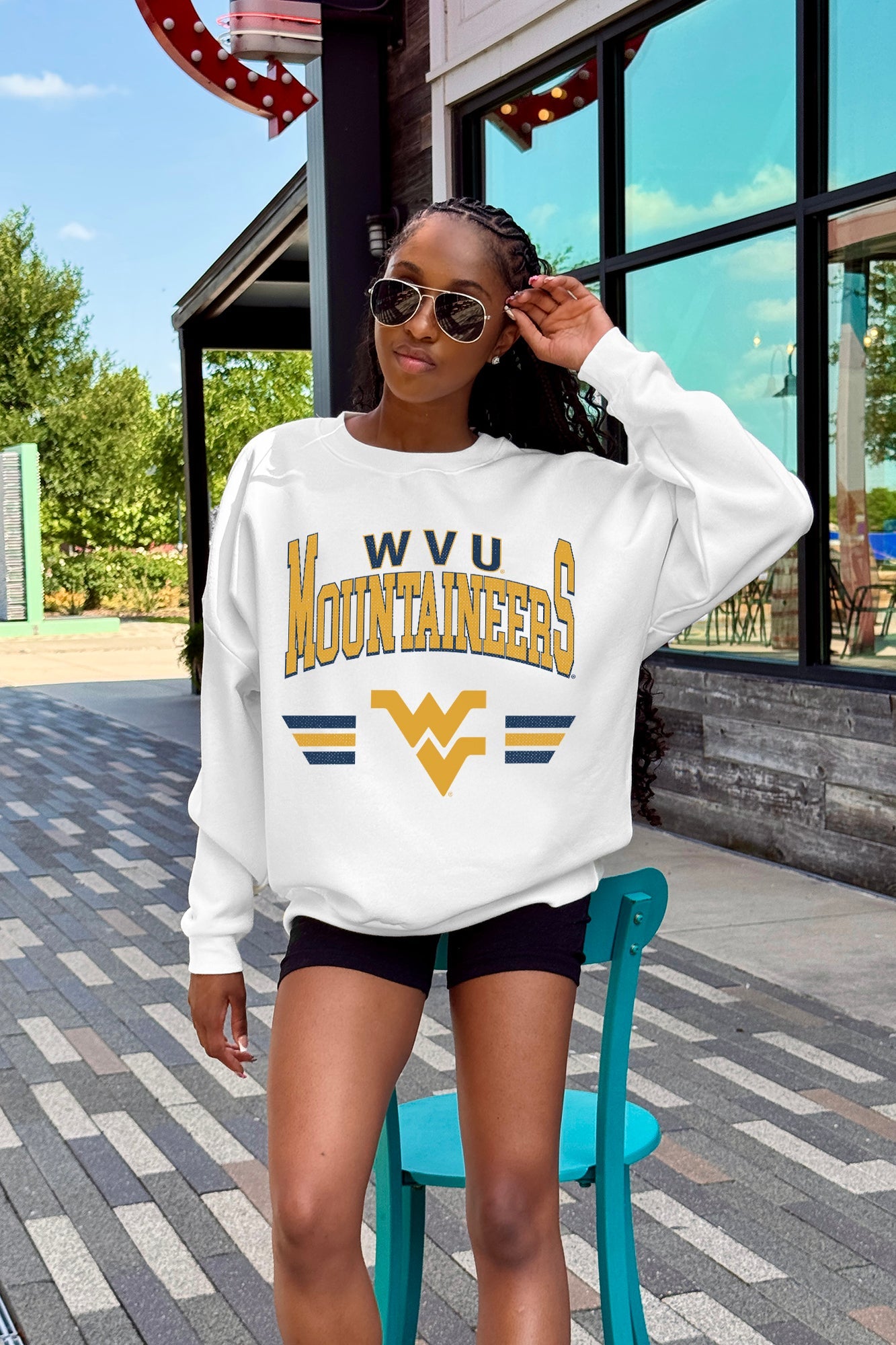 WEST VIRGINIA MOUNTAINEERS SWIFT STRIKE PREMIUM FLEECE DROP SHOULDER CREWNECK PULLOVER