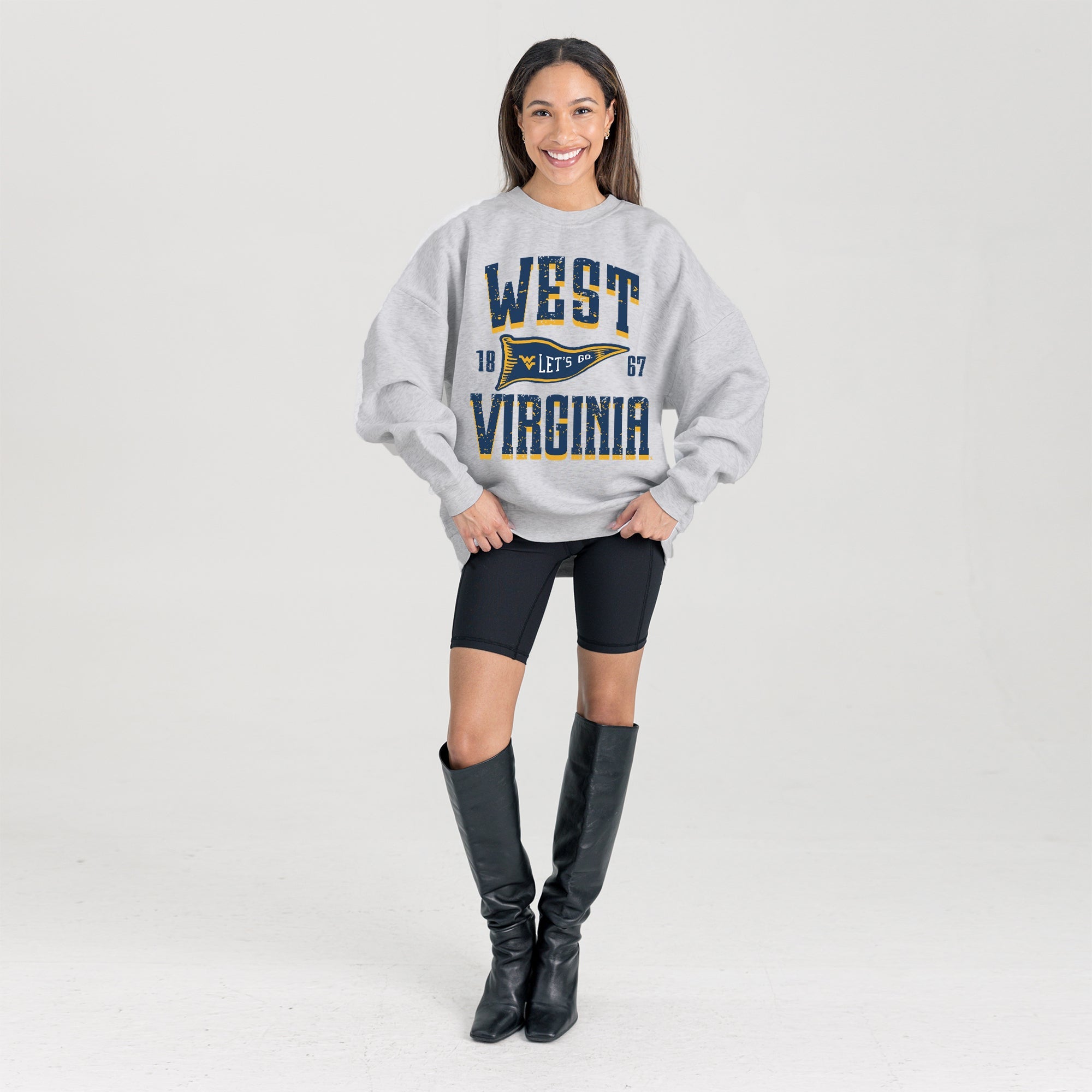WEST VIRGINIA MOUNTAINEERS PENNANT PRIDE PREMIUM FLEECE DROP SHOULDER CREWNECK PULLOVER