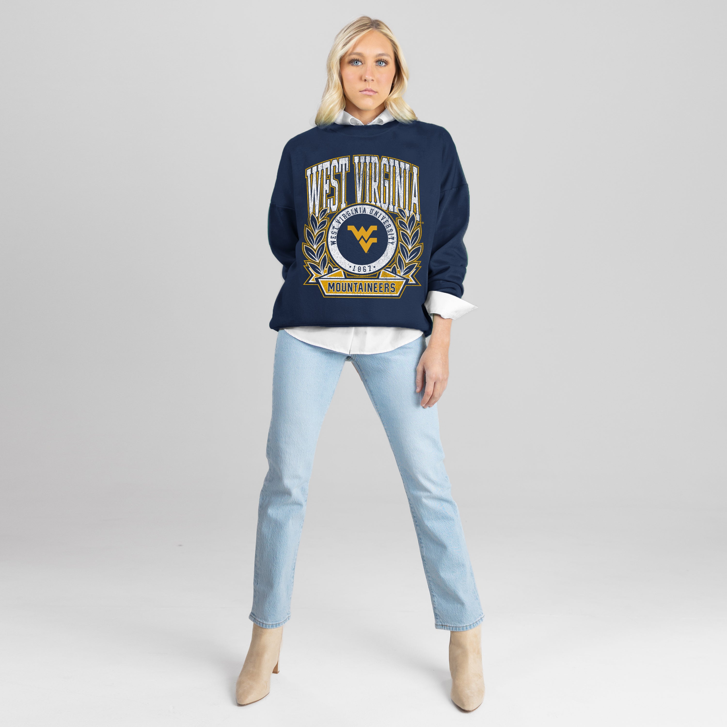 WEST VIRGINIA MOUNTAINEERS CLASSIC ARCHIVES PREMIUM DROP SHOULDER FLEECE CREWNECK PULLOVER
