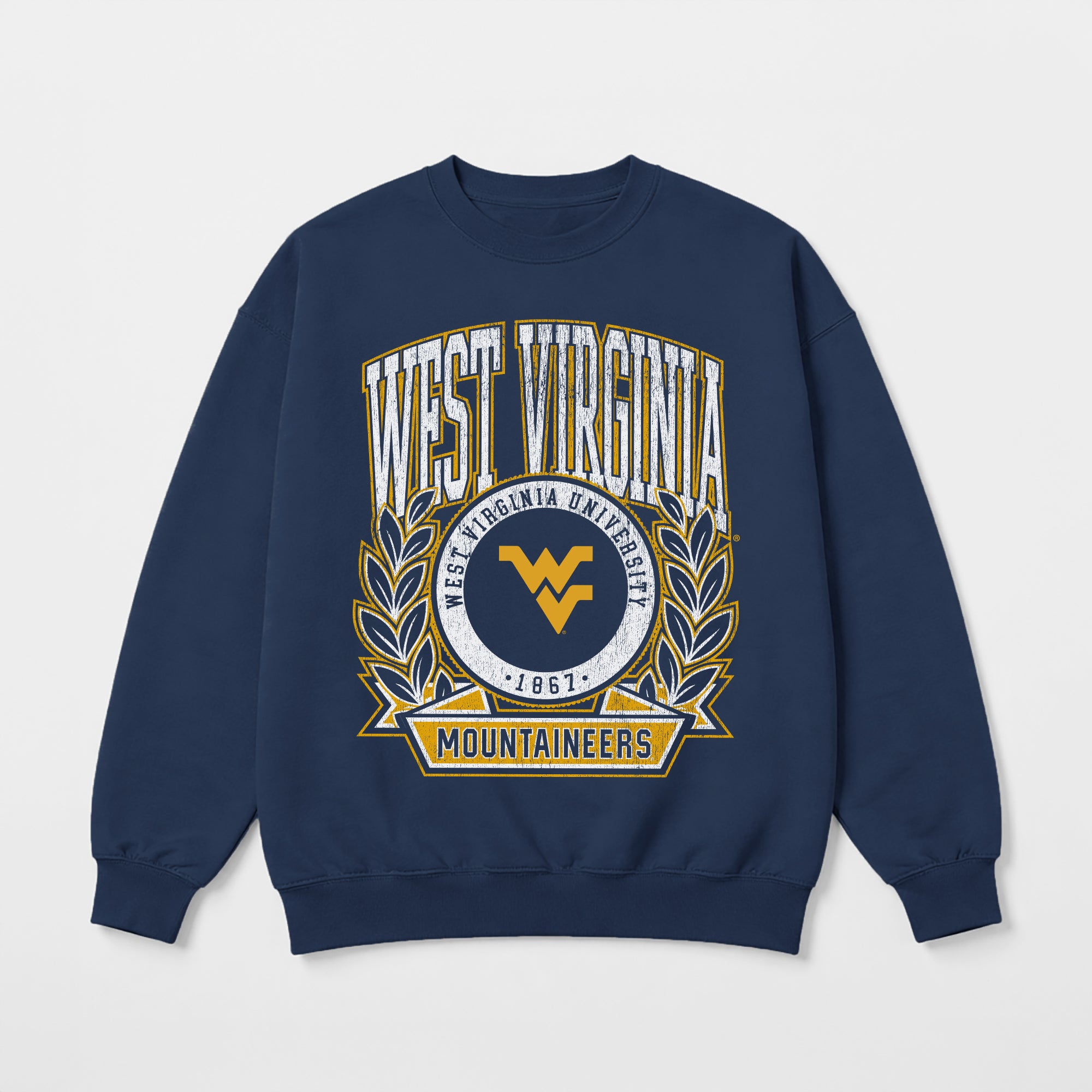 WEST VIRGINIA MOUNTAINEERS CLASSIC ARCHIVES PREMIUM DROP SHOULDER FLEECE CREWNECK PULLOVER