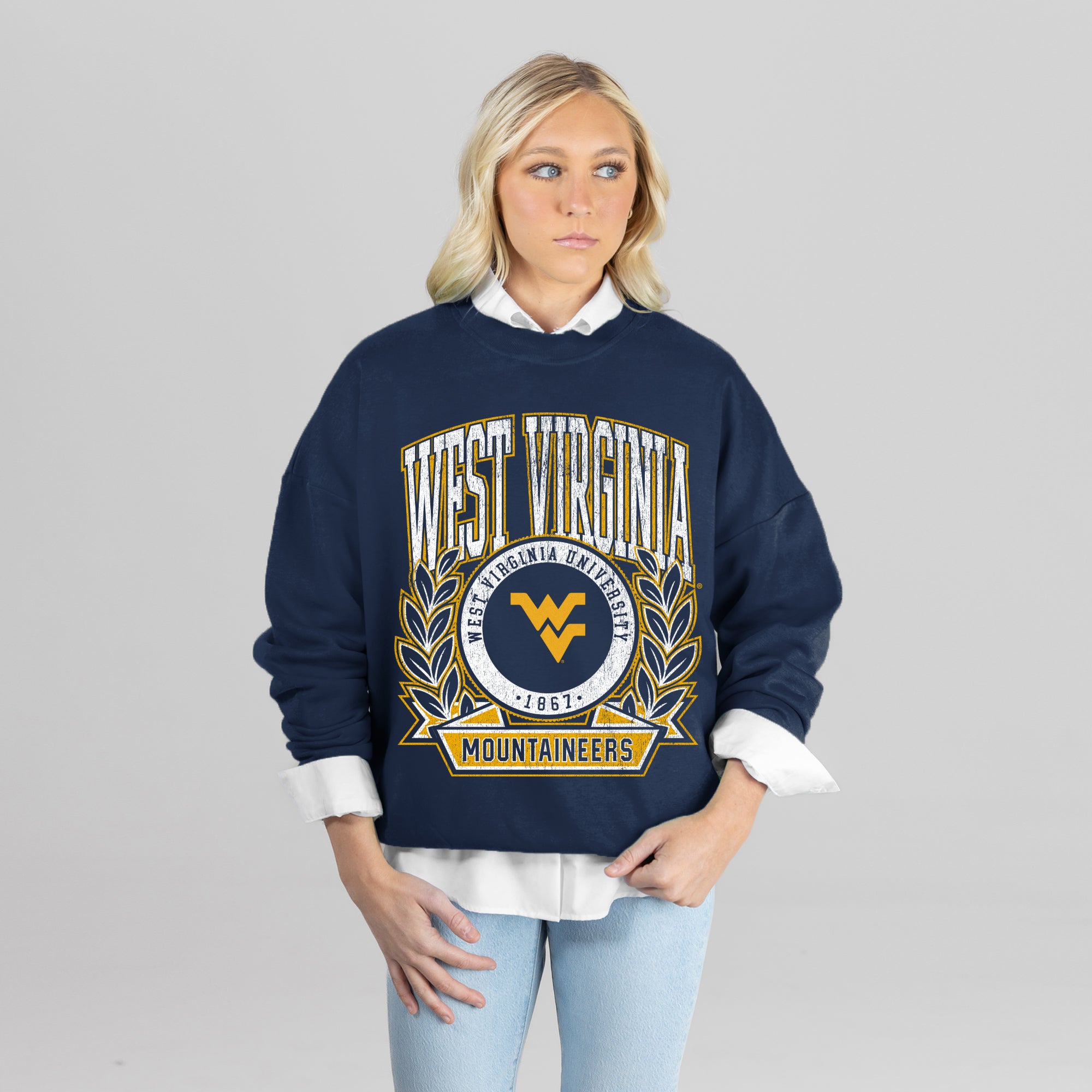 WEST VIRGINIA MOUNTAINEERS CLASSIC ARCHIVES PREMIUM DROP SHOULDER FLEECE CREWNECK PULLOVER