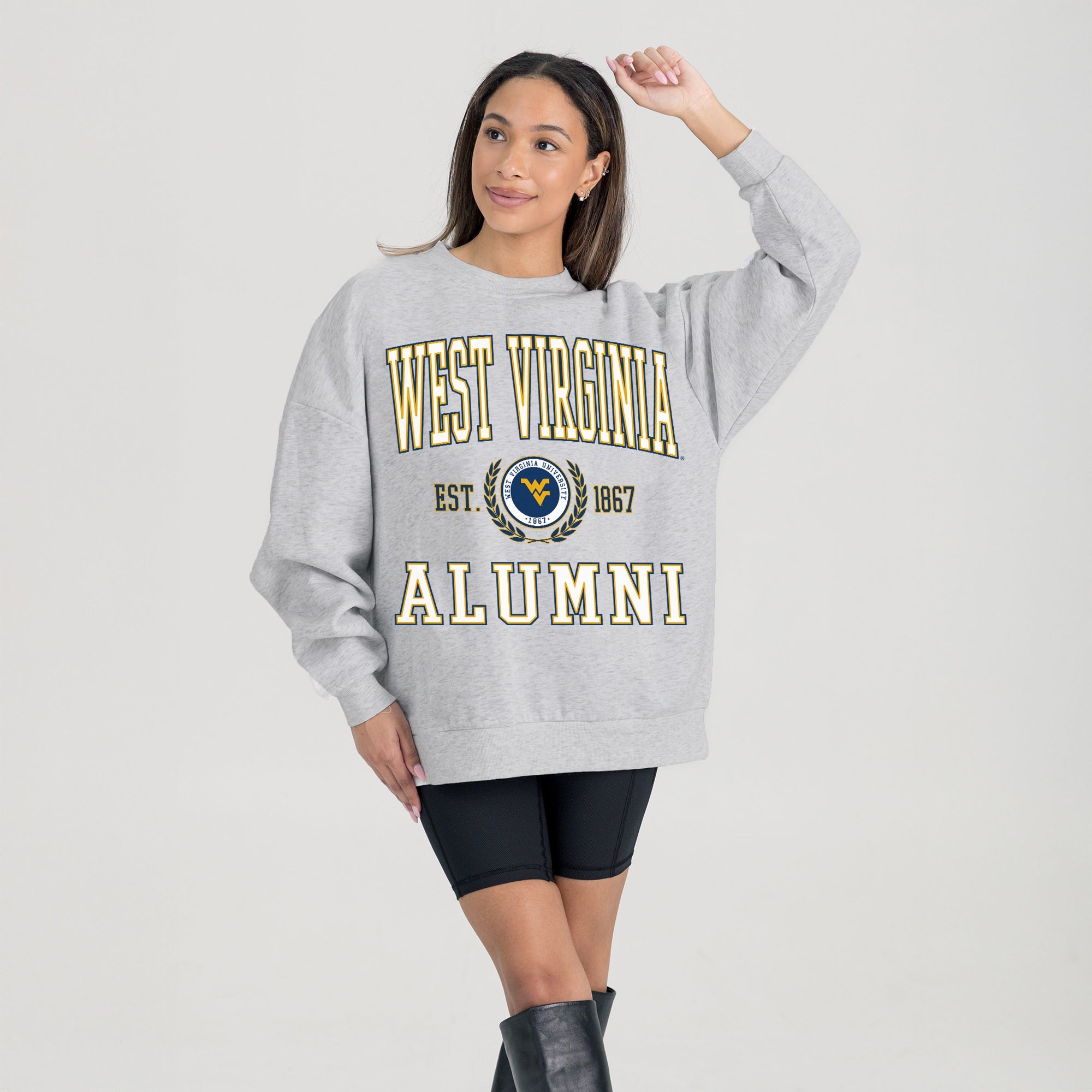 WEST VIRGINIA MOUNTAINEERS DEGREE UNLOCKED PREMIUM DROP SHOULDER FLEECE CREWNECK PULLOVER