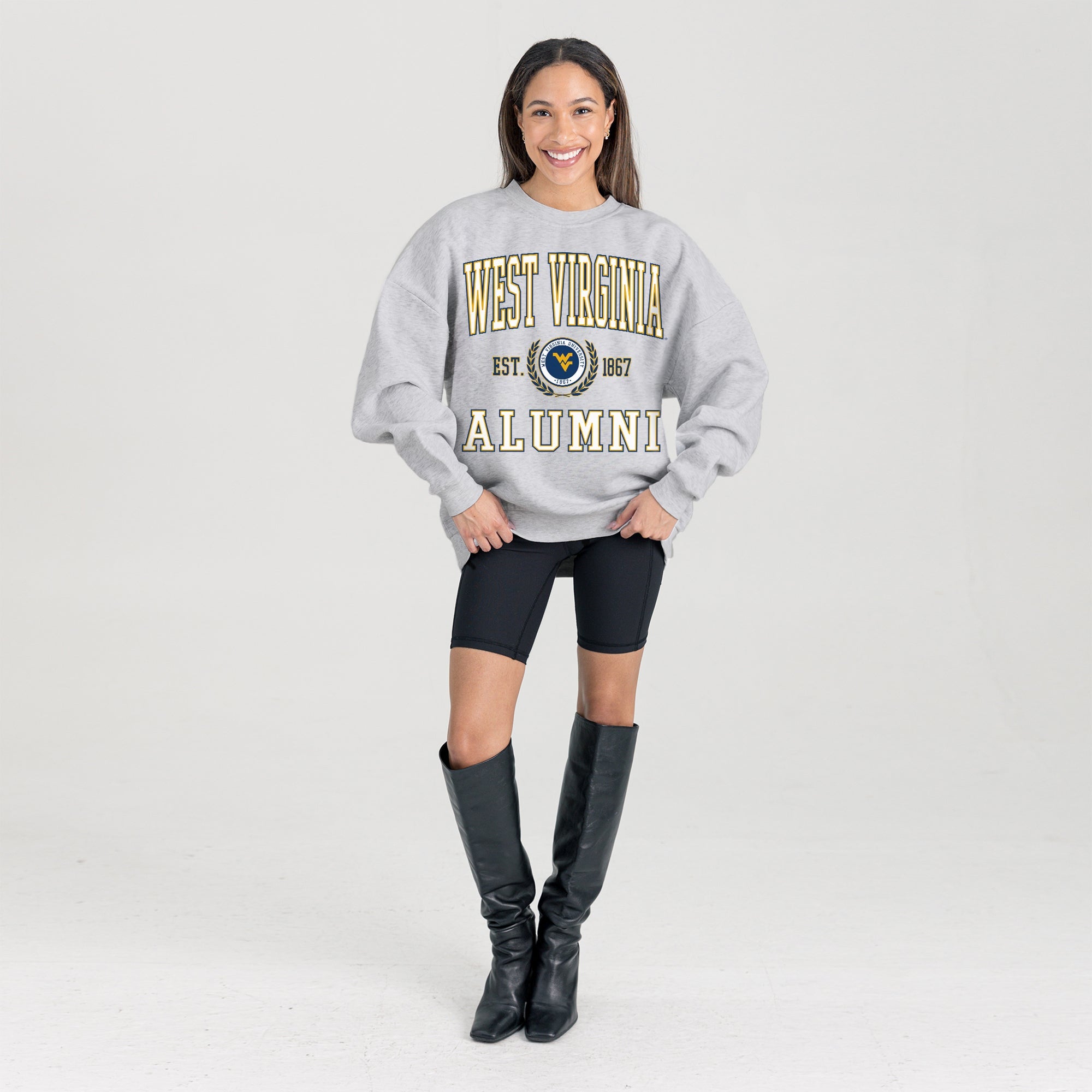 WEST VIRGINIA MOUNTAINEERS DEGREE UNLOCKED PREMIUM DROP SHOULDER FLEECE CREWNECK PULLOVER