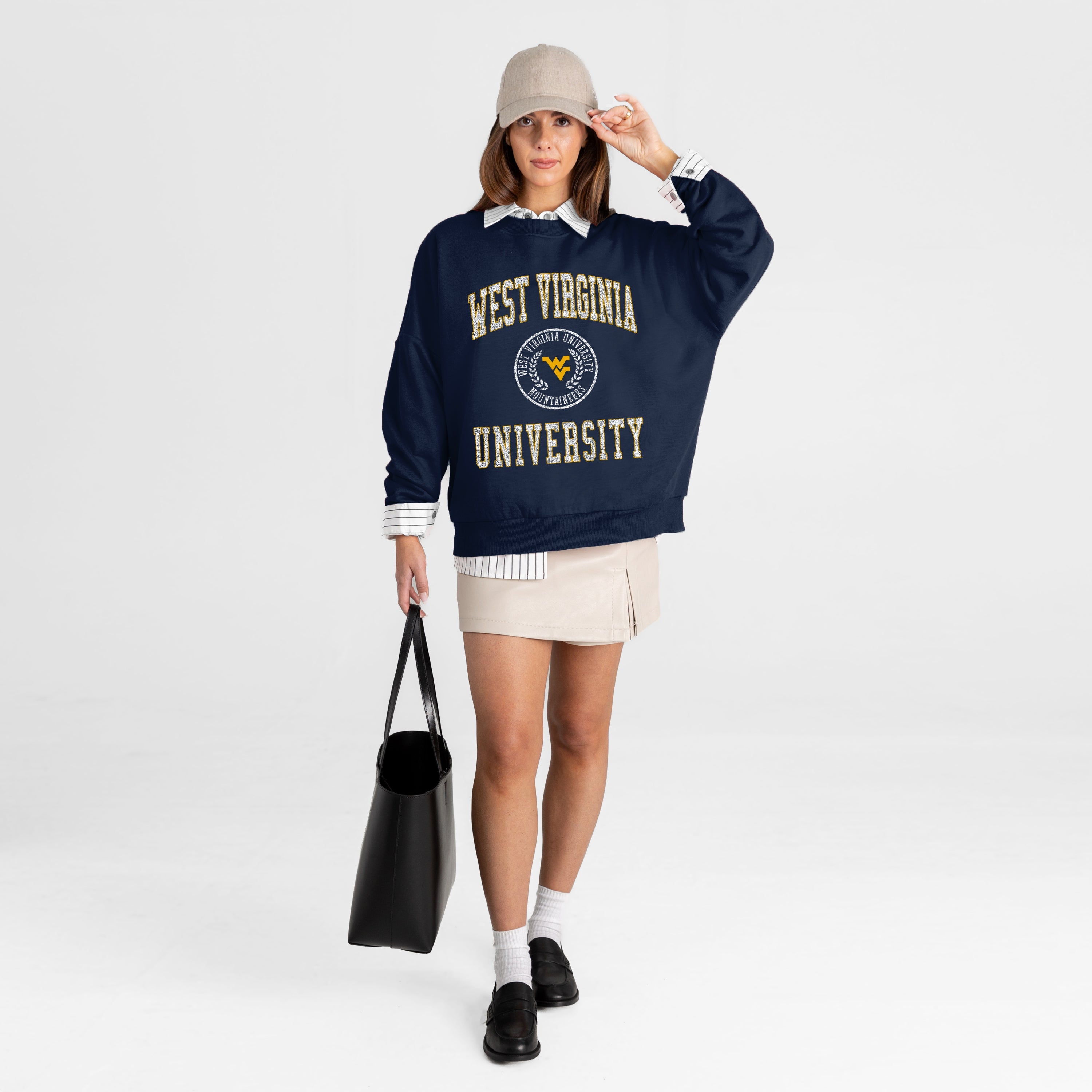 WEST VIRGINIA MOUNTAINEERS PRIME PLAY PREMIUM FLEECE DROP SHOULDER CREWNECK PULLOVER