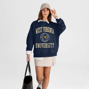 WEST VIRGINIA MOUNTAINEERS PRIME PLAY PREMIUM FLEECE DROP SHOULDER CREWNECK PULLOVER