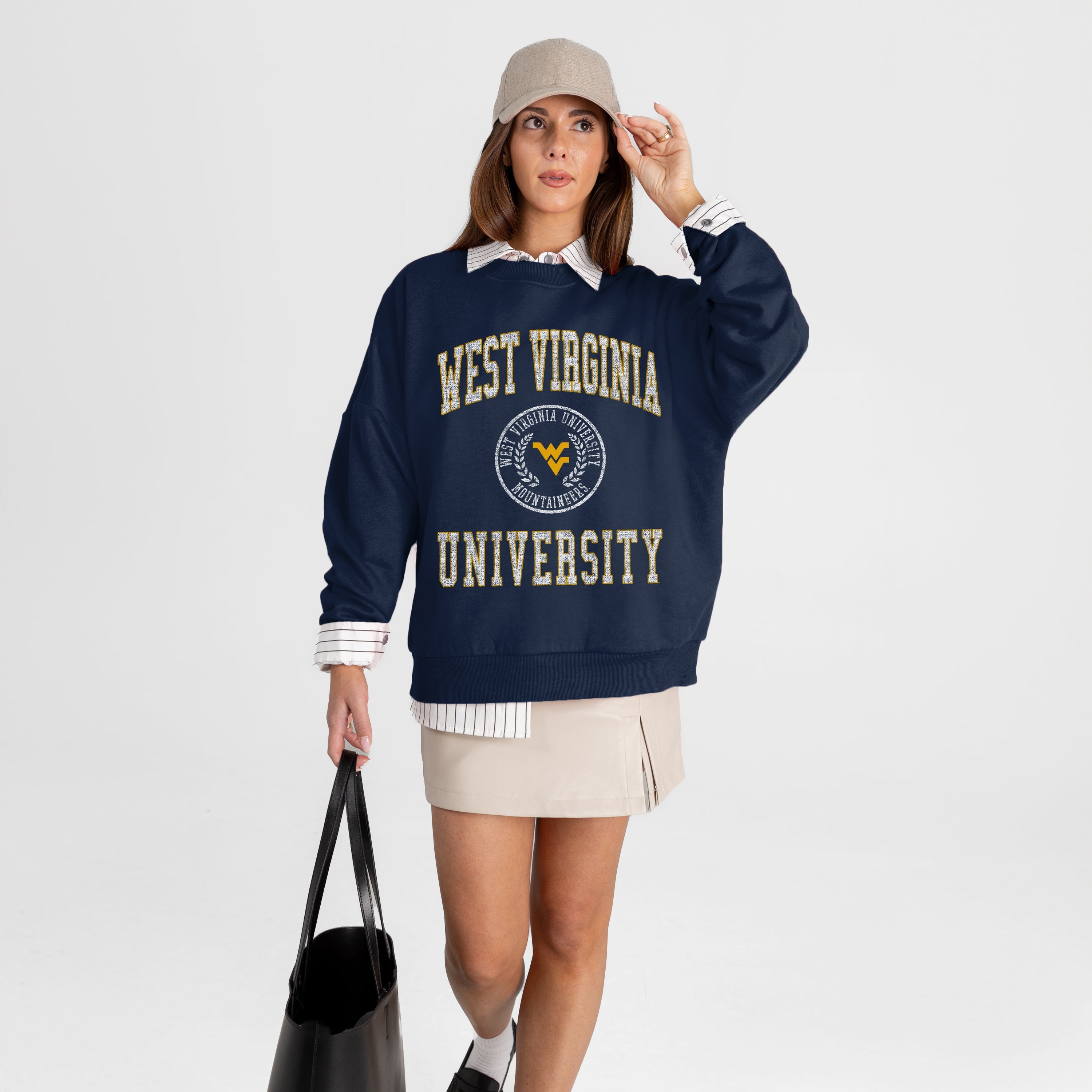 WEST VIRGINIA MOUNTAINEERS PRIME PLAY PREMIUM FLEECE DROP SHOULDER CREWNECK PULLOVER