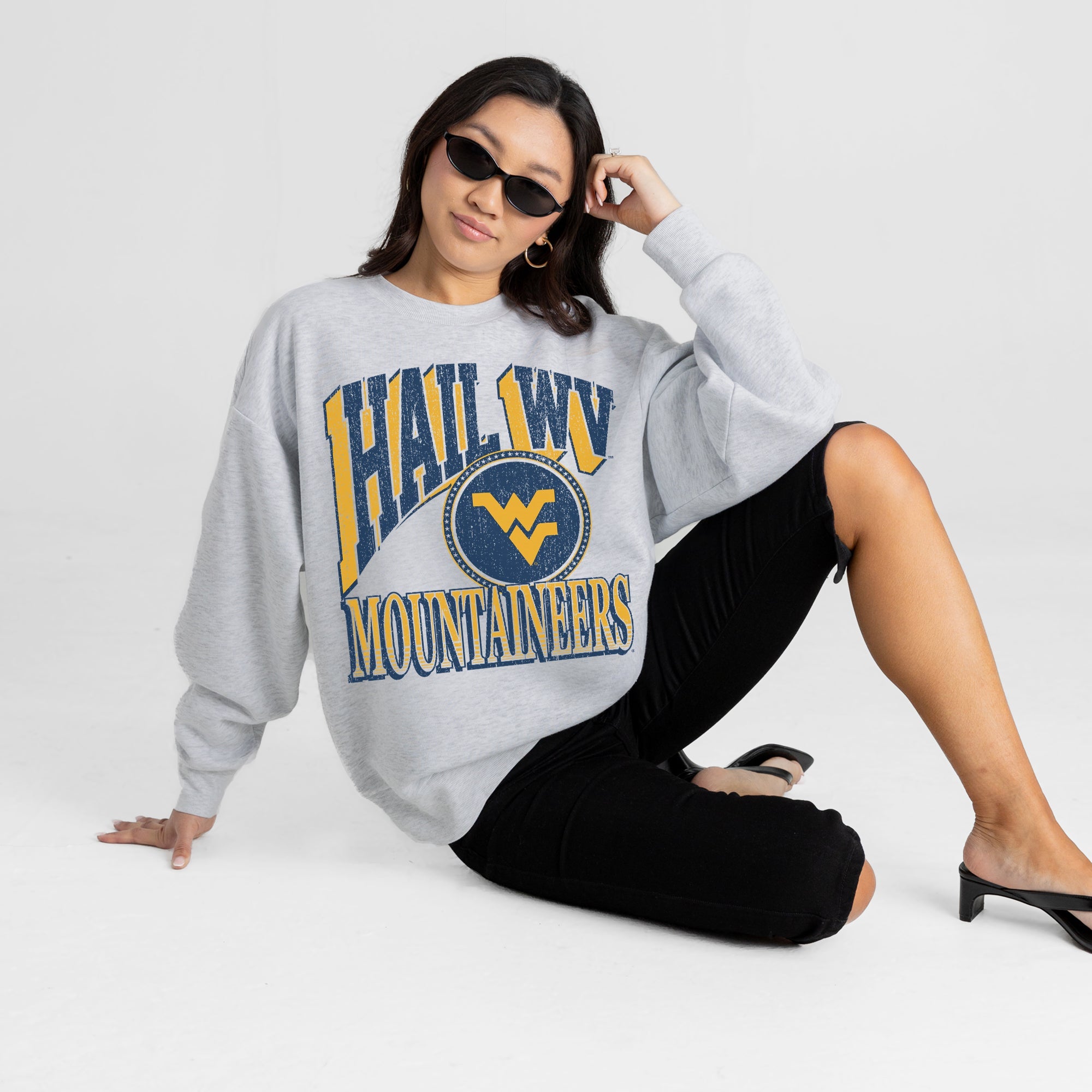 WEST VIRGINIA MOUNTAINEERS GAME ON PREMIUM FLEECE DROP SHOULDER CREWNECK PULLOVER