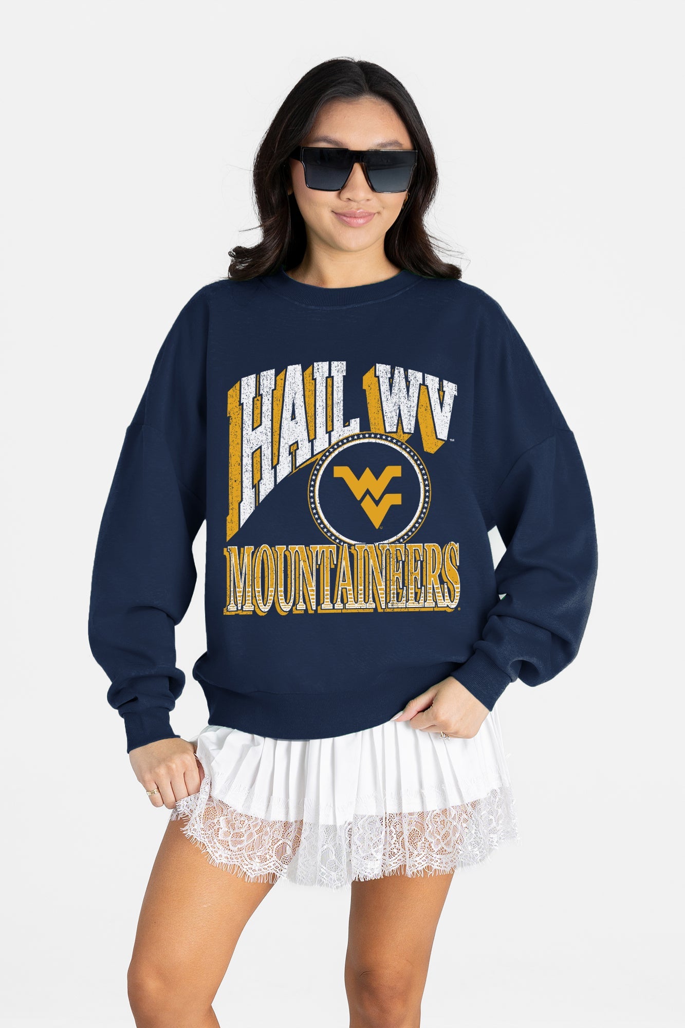 WEST VIRGINIA MOUNTAINEERS MAIN CHARACTER PREMIUM FLEECE DROP SHOULDER CREWNECK PULLOVER