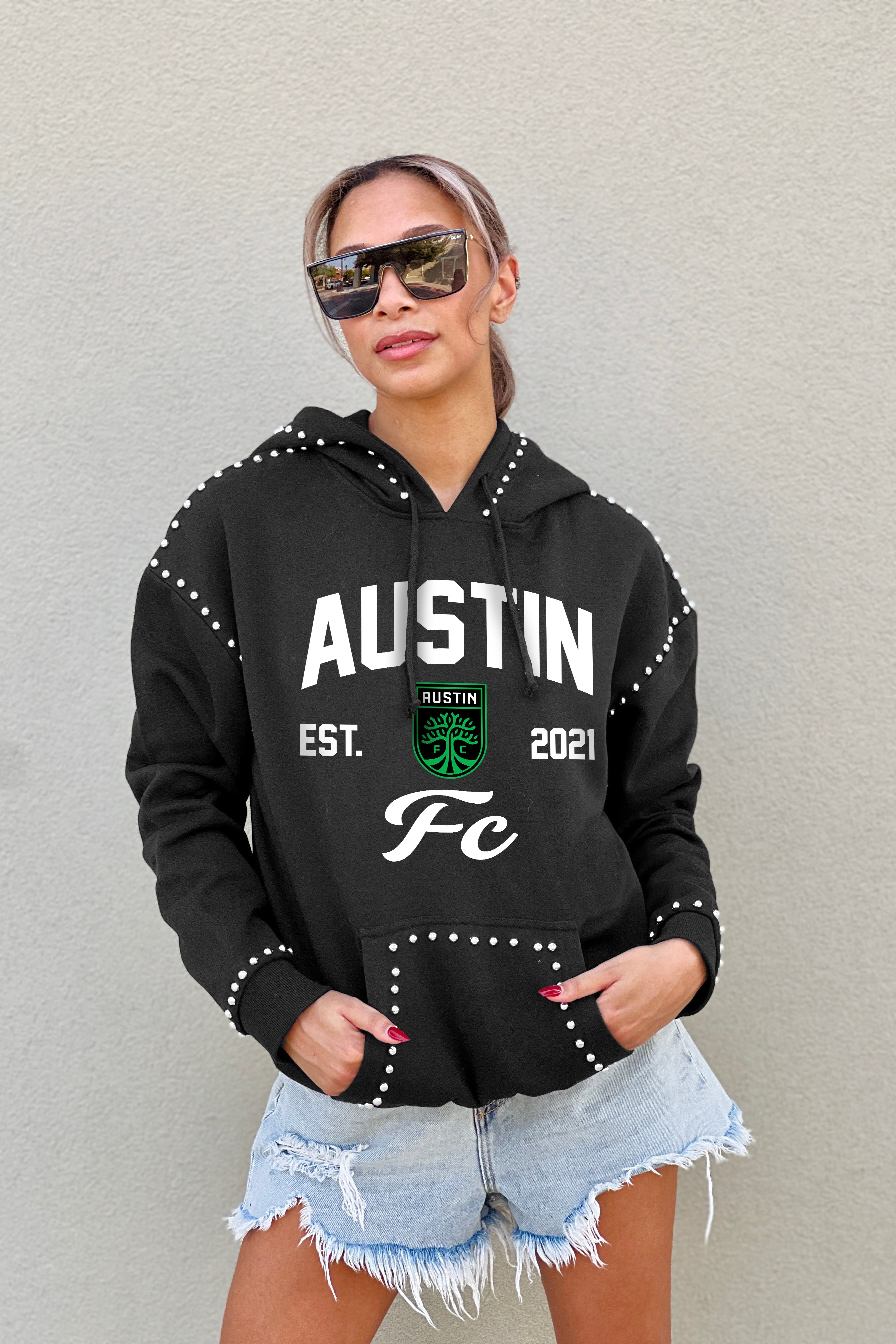 AUSTIN FC HERE FOR IT STUDDED DETAIL FLEECE FRONT POCKET HOODIE