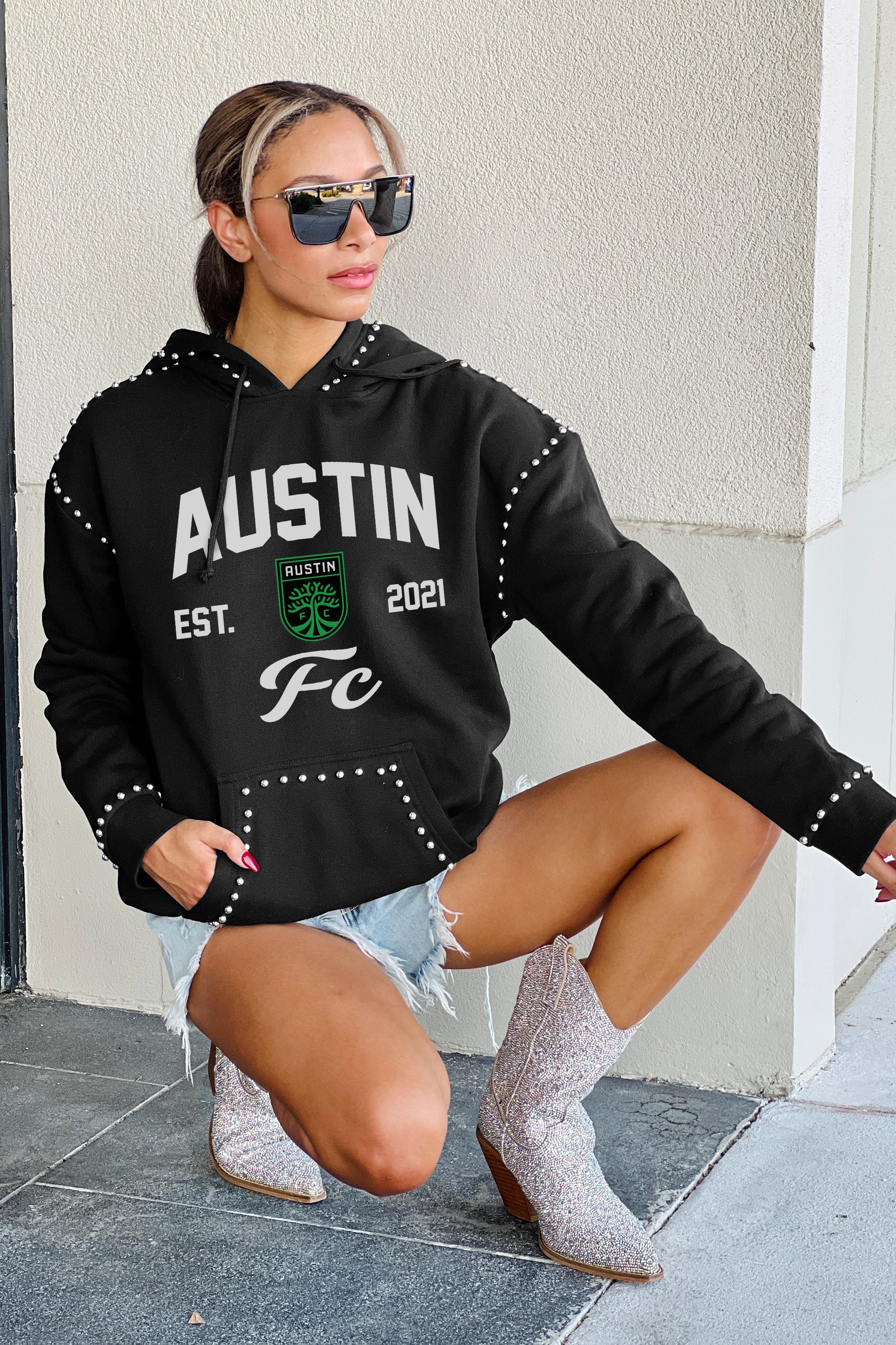 AUSTIN FC HERE FOR IT STUDDED DETAIL FLEECE FRONT POCKET HOODIE