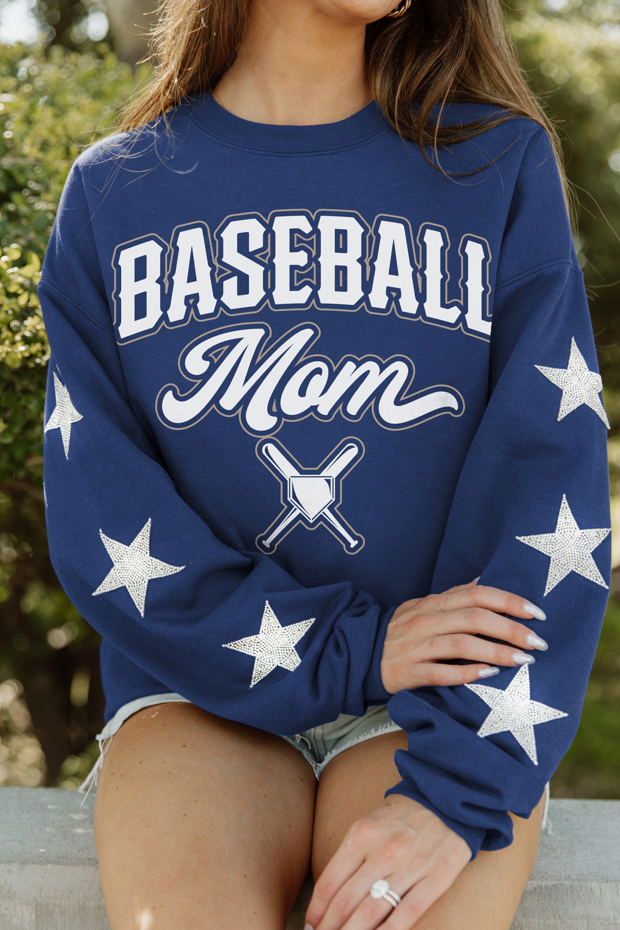 BASEBALL MOM LIFE EMBELLISHED STAR SLEEVE CREWNECK PULLOVER