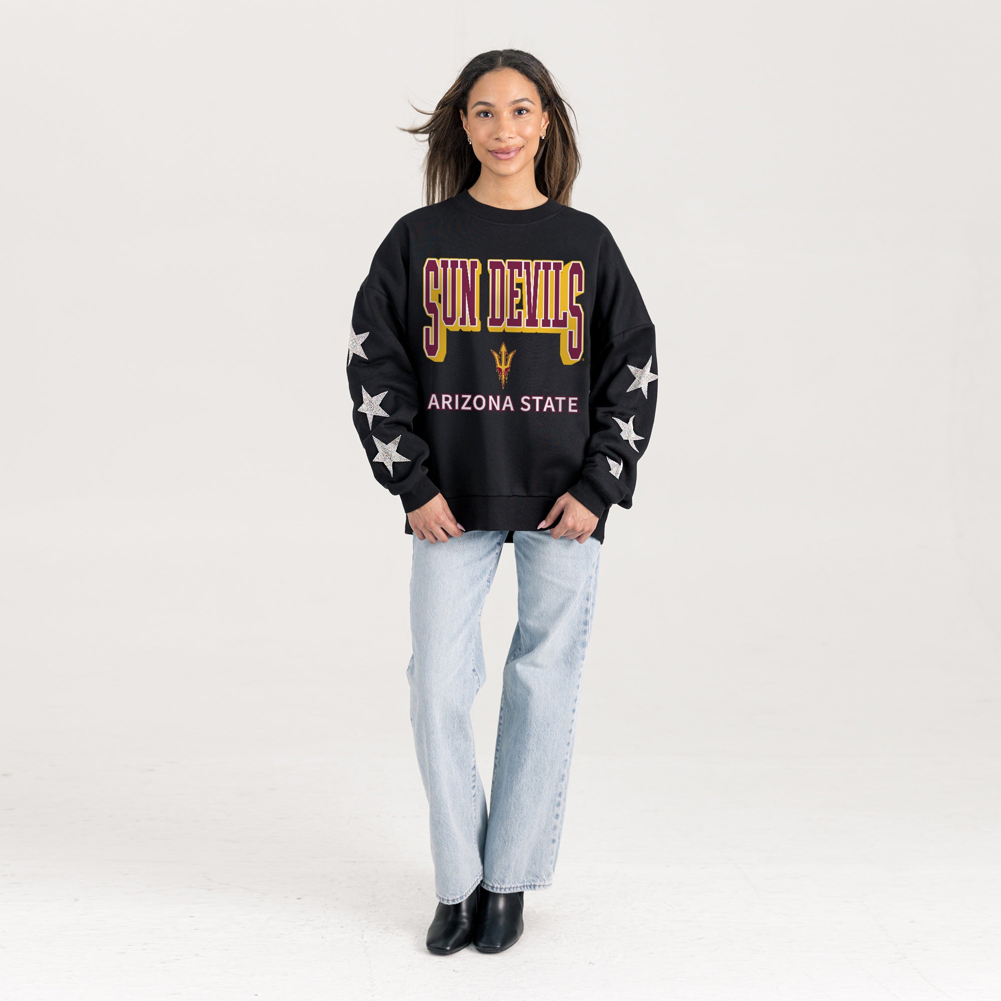 ARIZONA STATE SUN DEVILS PURE VICTORY EMBELLISHED STAR SLEEVE CREWNECK PULLOVER