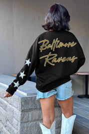 BALTIMORE RAVENS RADIANT ENERGY EMBELLISHED STAR SLEEVE CREWNECK PULLOVER