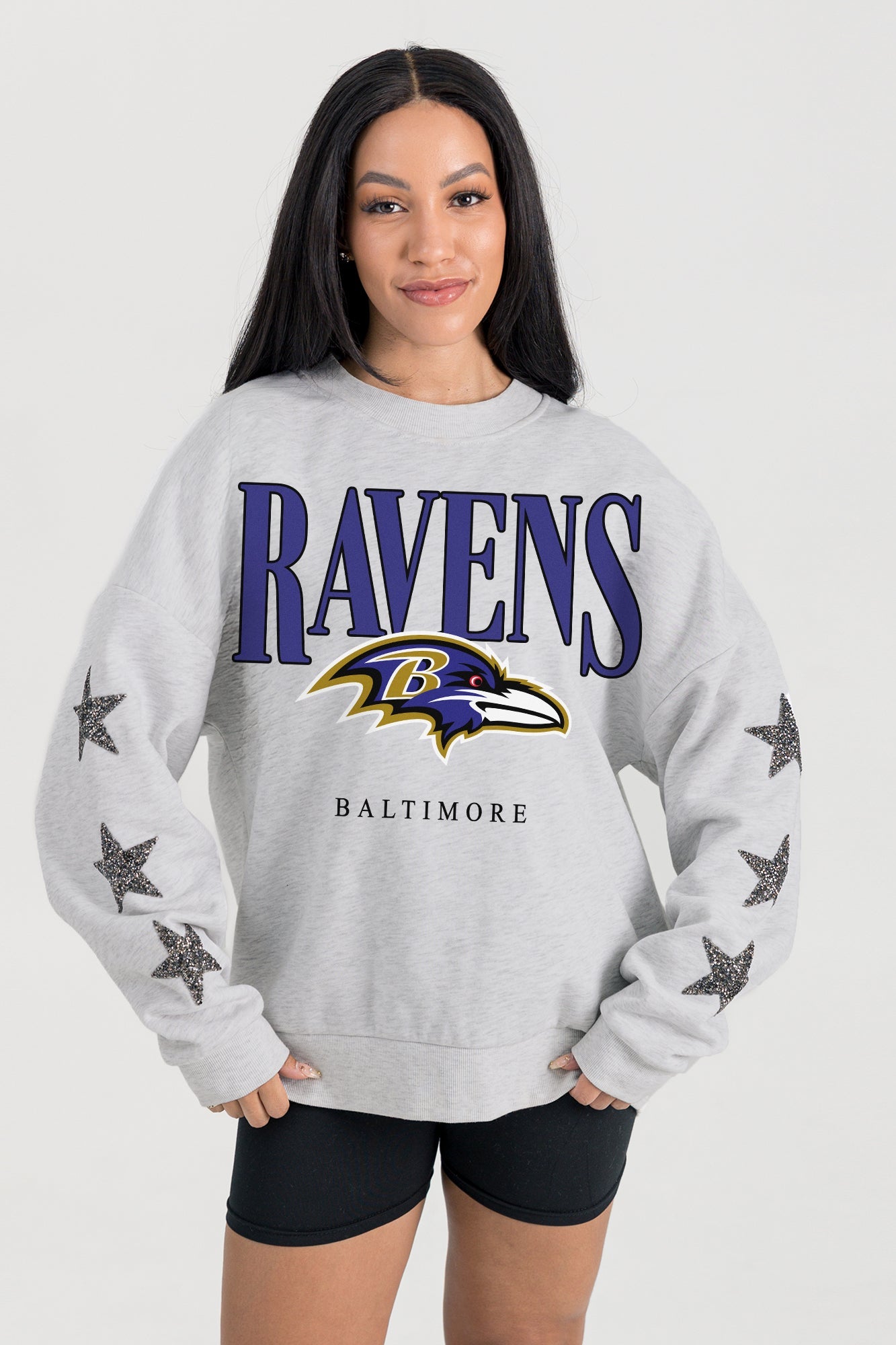 BALTIMORE RAVENS BOLD PLAY STAR EMBELLISHED CREW SWEATSHIRT BY RANDI MAHOMES