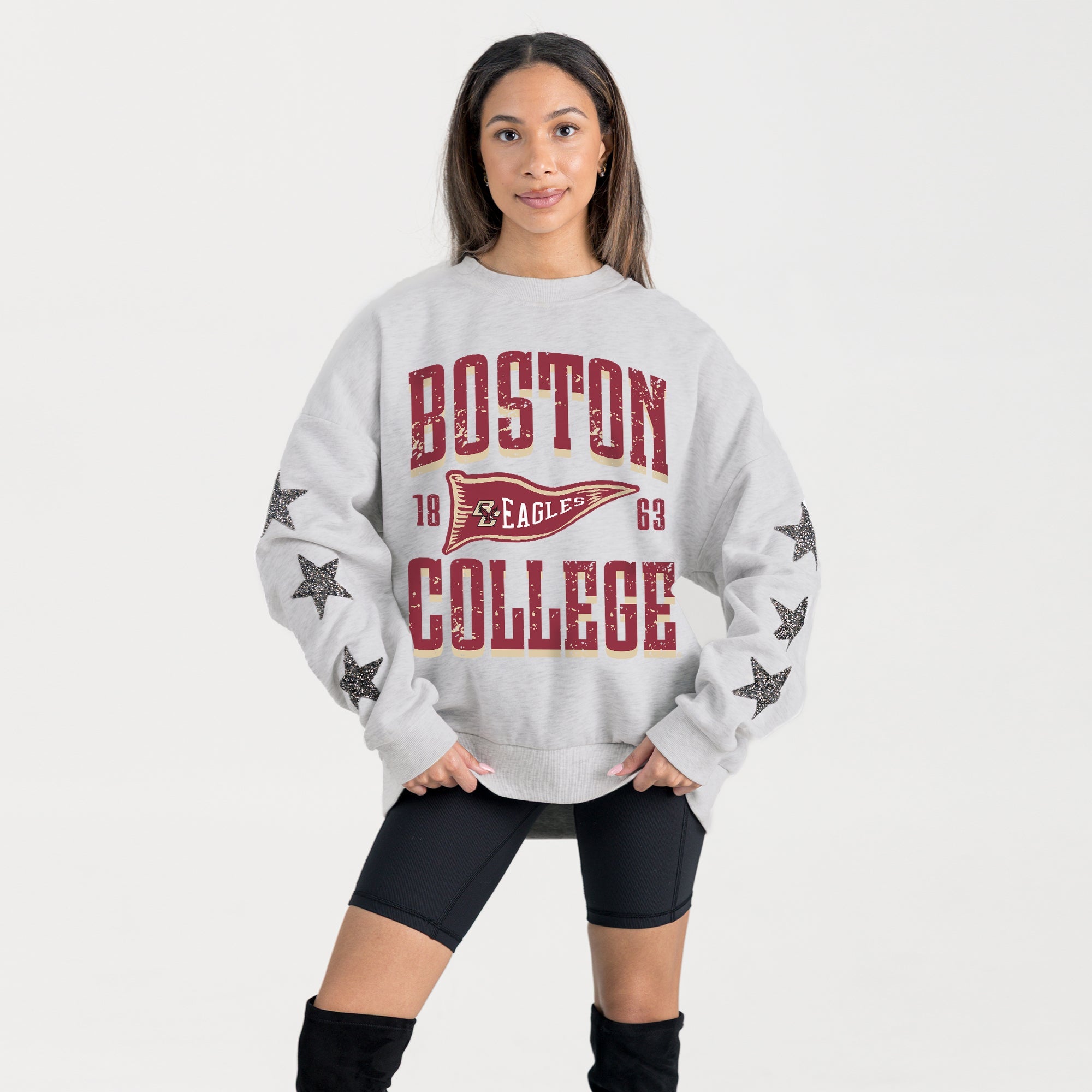 BOSTON COLLEGE EAGLES PENNANT PRIDE EMBELLISHED STAR SLEEVE CREWNECK PULLOVER