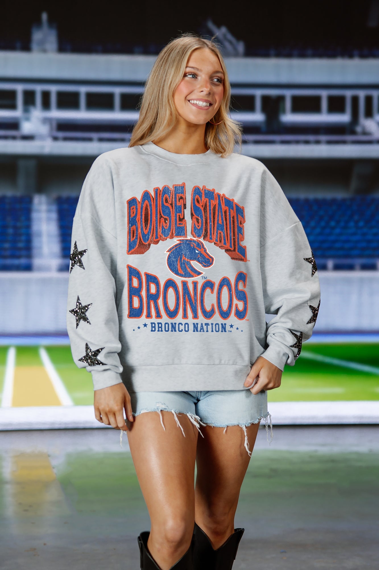 BOISE STATE BRONCOS RESILIENCE STAR EMBELLISHED CREW SWEATSHIRT