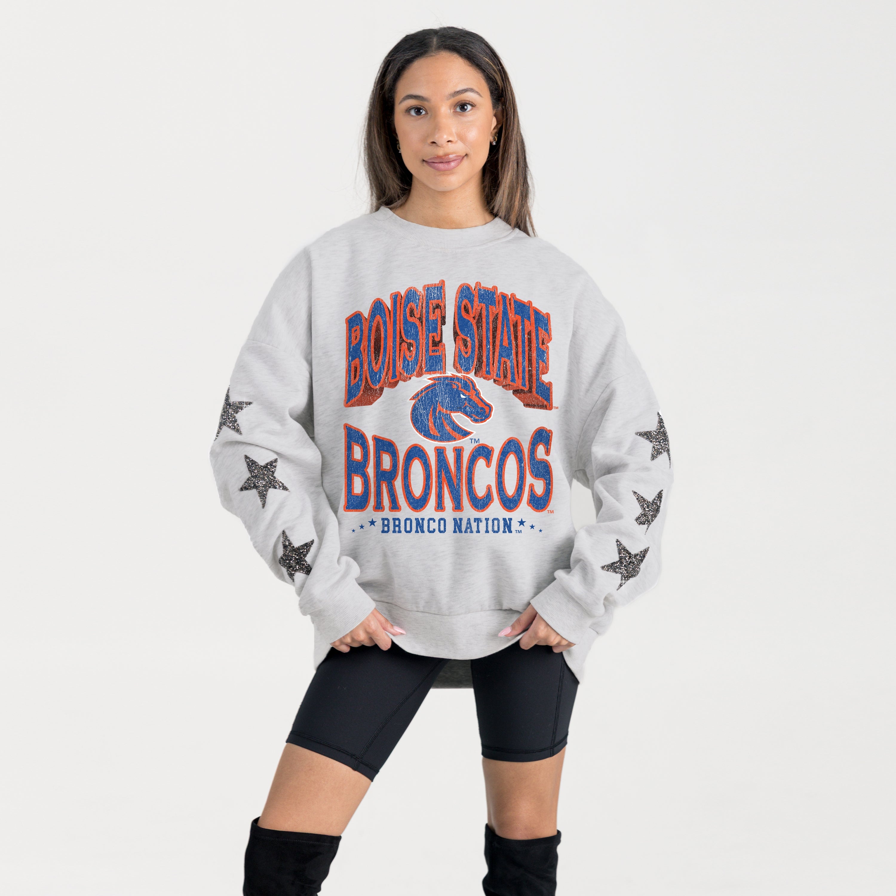 BOISE STATE BRONCOS RESILIENCE STAR EMBELLISHED CREW SWEATSHIRT