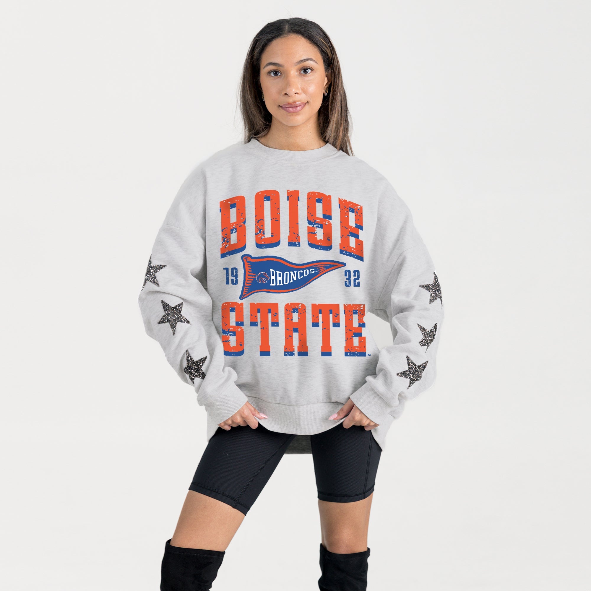 BOISE STATE BRONCOS PENNANT PRIDE EMBELLISHED STAR SLEEVE CREWNECK PULLOVER