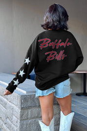 BUFFALO BILLS RADIANT ENERGY EMBELLISHED STAR SLEEVE CREWNECK PULLOVER IN BLACK