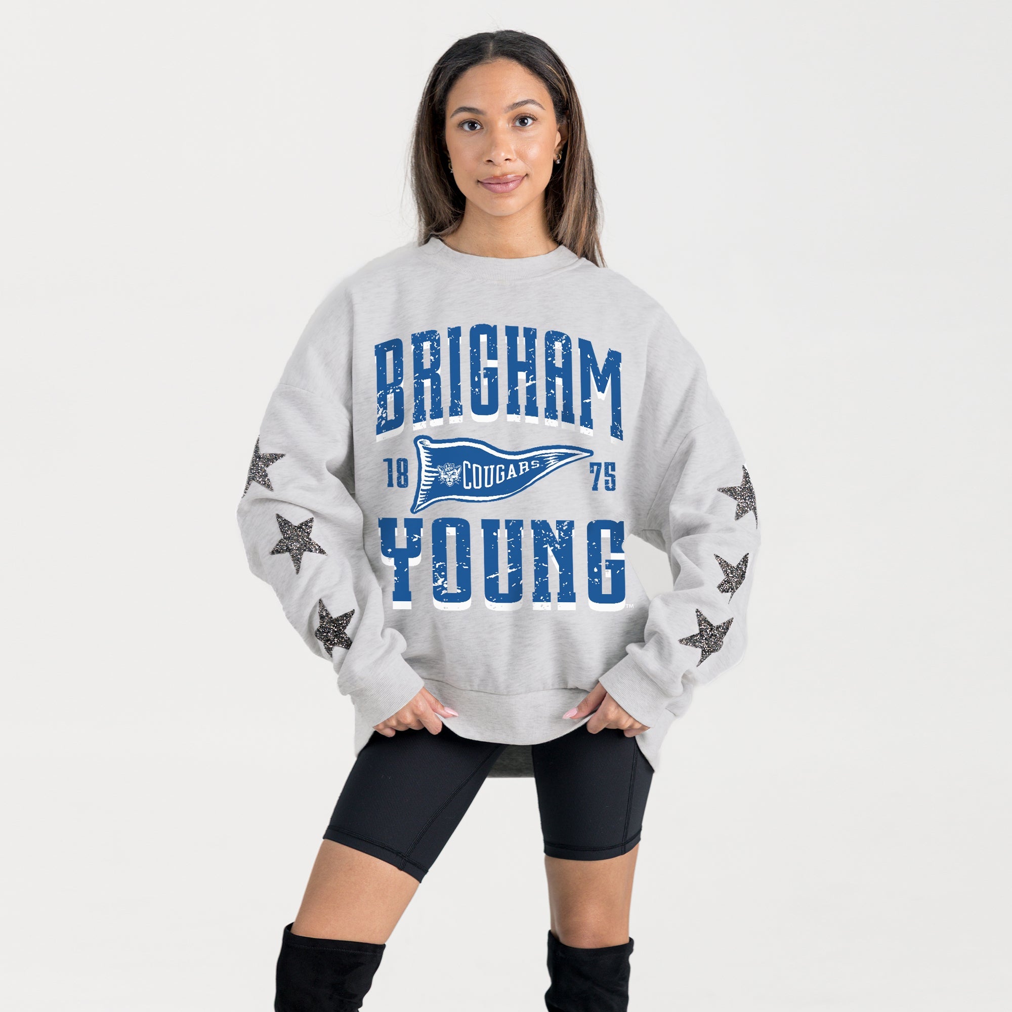 BYU COUGARS PENNANT PRIDE EMBELLISHED STAR SLEEVE CREWNECK PULLOVER
