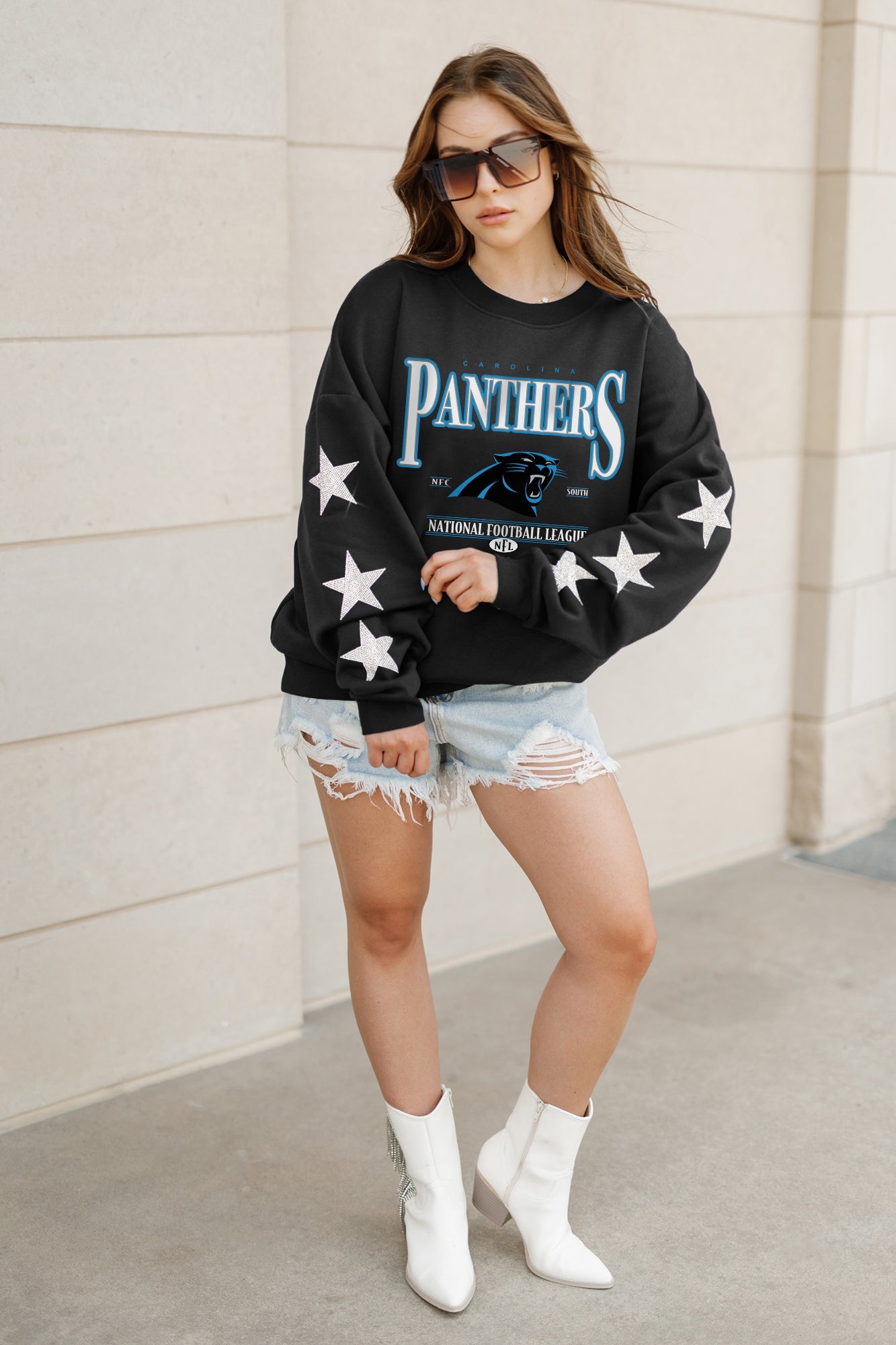CAROLINA PANTHERS GAMEDAY GLIMMER EMBELLISHED STAR SLEEVE CREWNECK PULLOVER