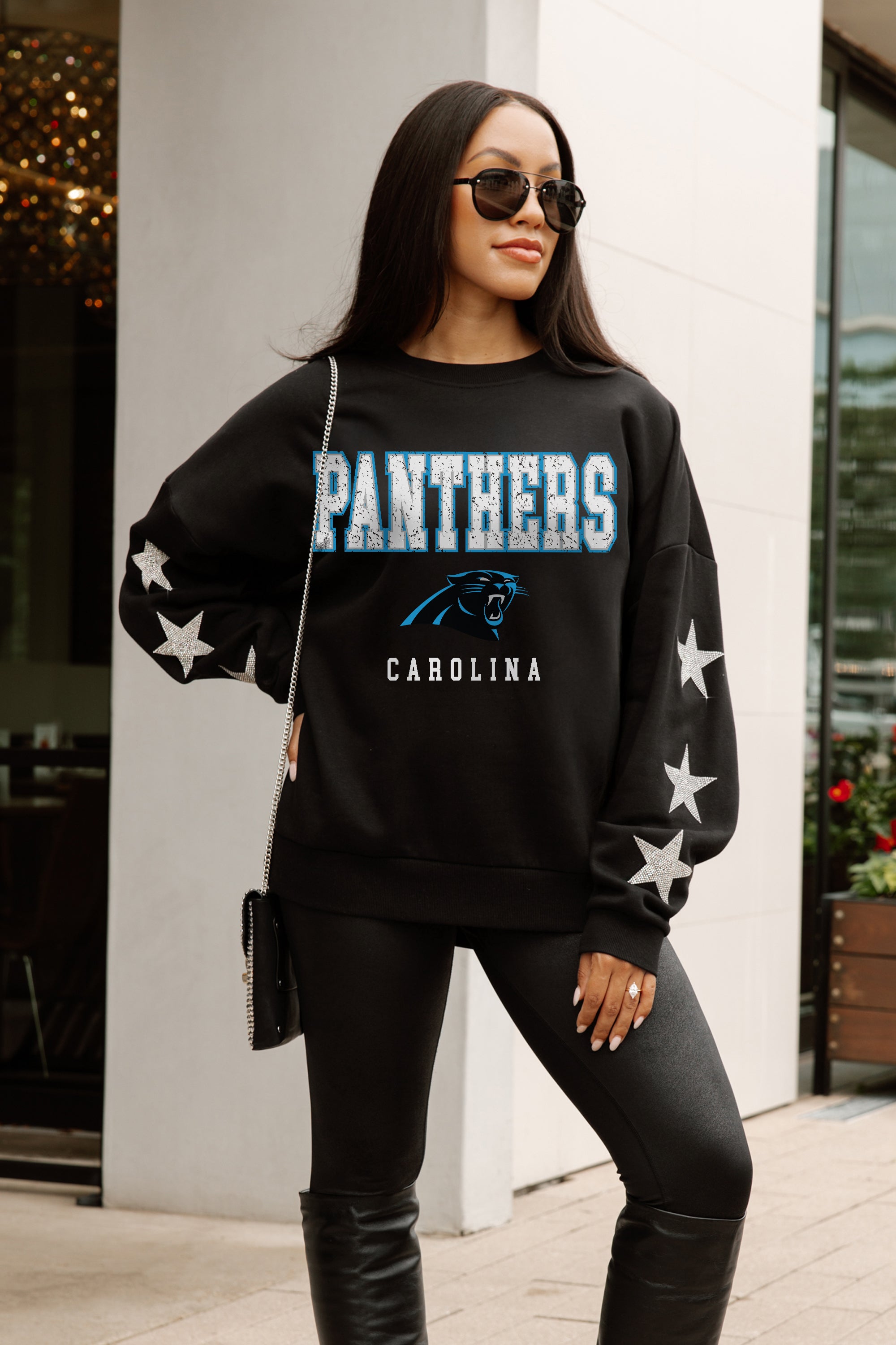 CAROLINA PANTHERS VELOCITY STAR EMBELLISHED CREW SWEATSHIRT