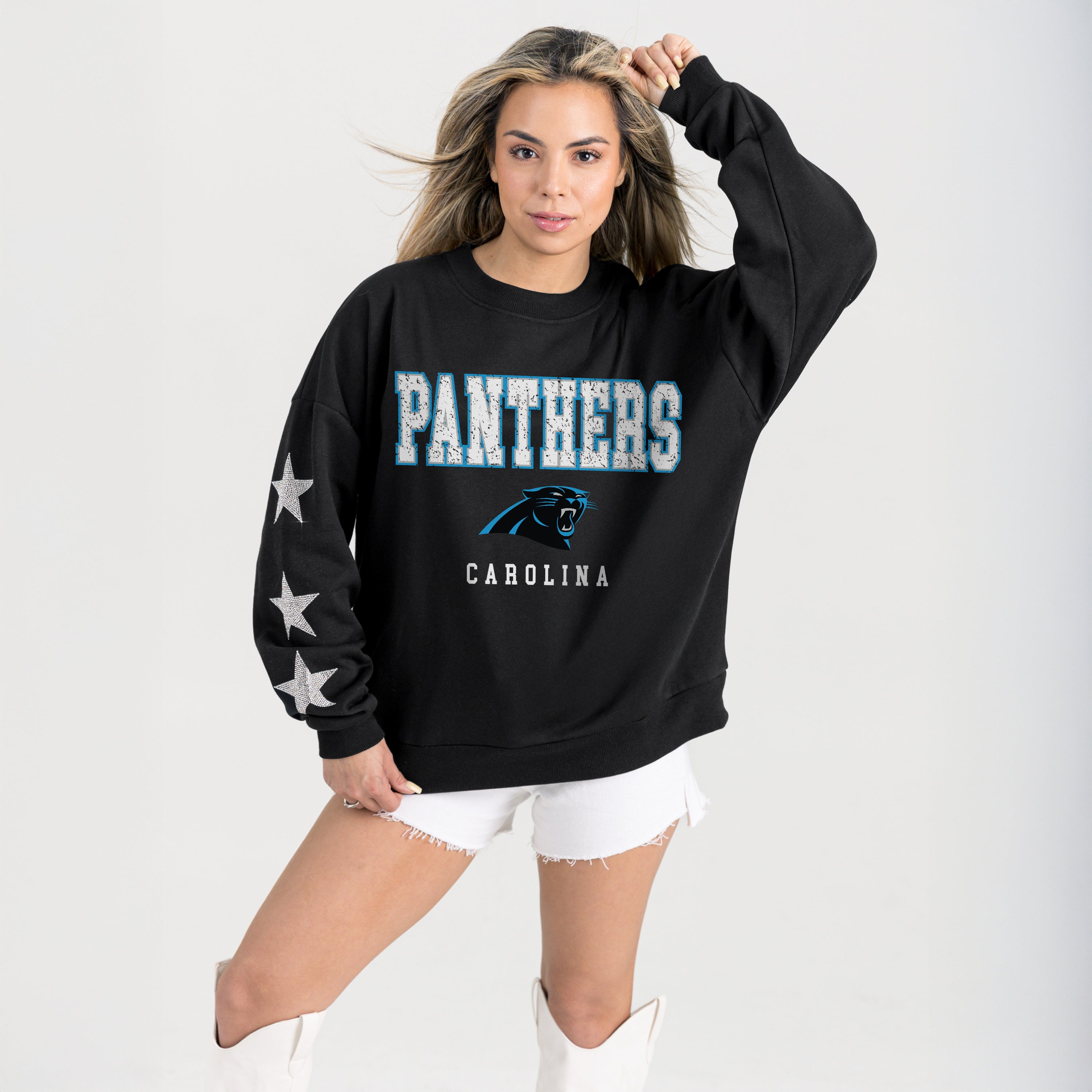 CAROLINA PANTHERS VELOCITY STAR EMBELLISHED CREW SWEATSHIRT