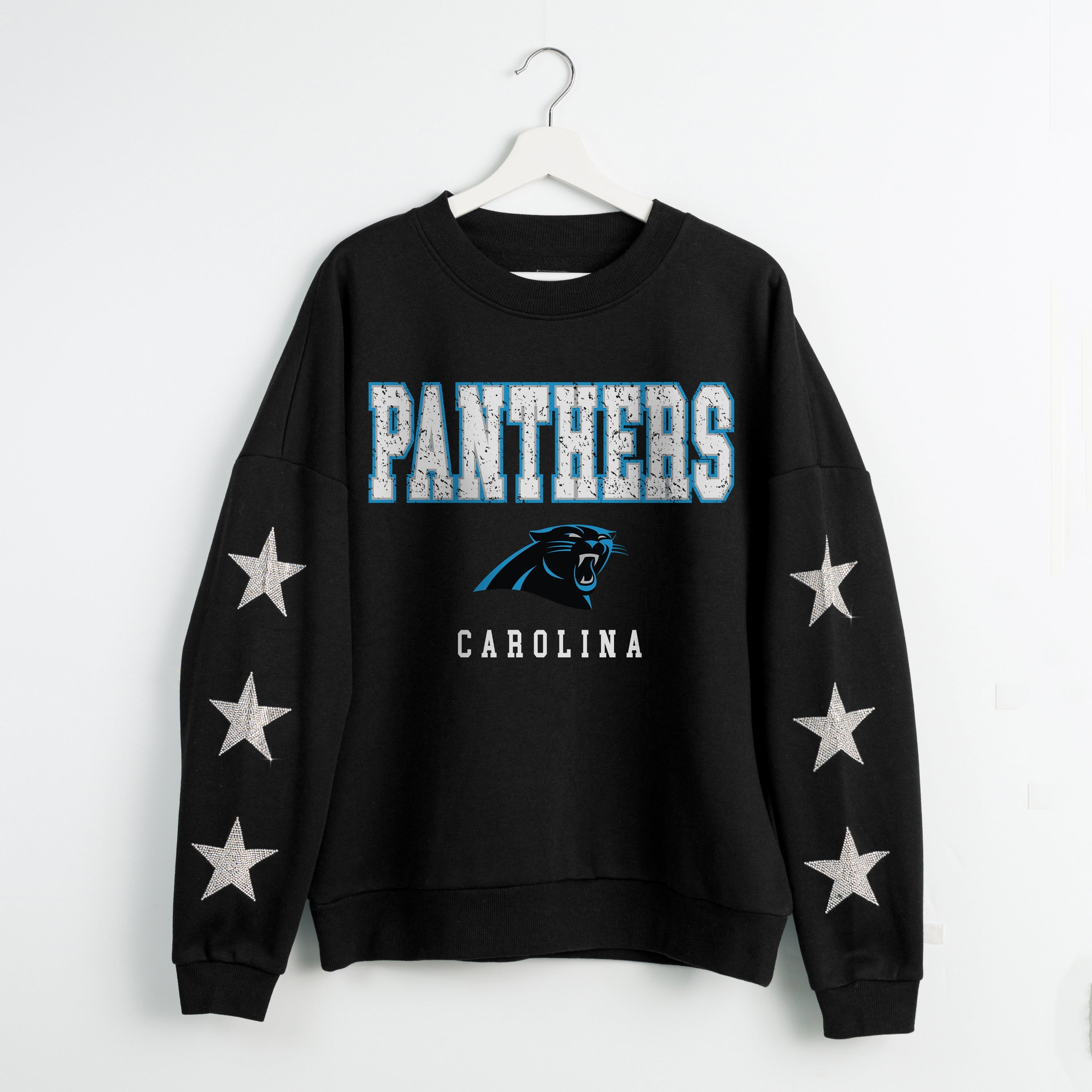 CAROLINA PANTHERS VELOCITY STAR EMBELLISHED CREW SWEATSHIRT