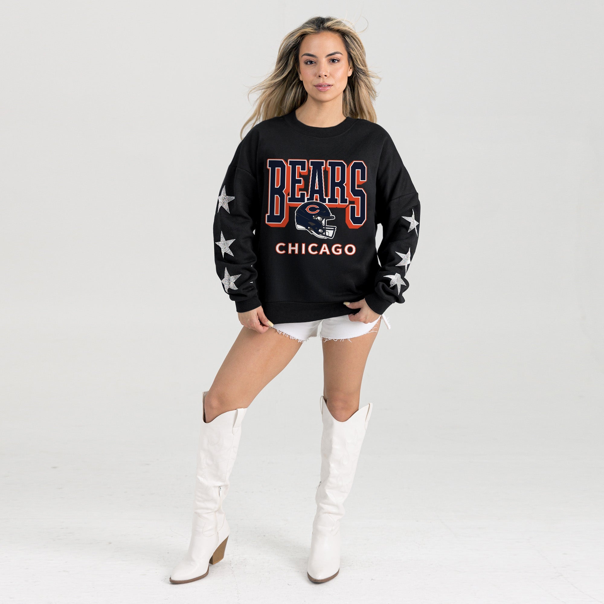 CHICAGO BEARS PURE VICTORY STAR EMBELLISHED CREW SWEATSHIRT