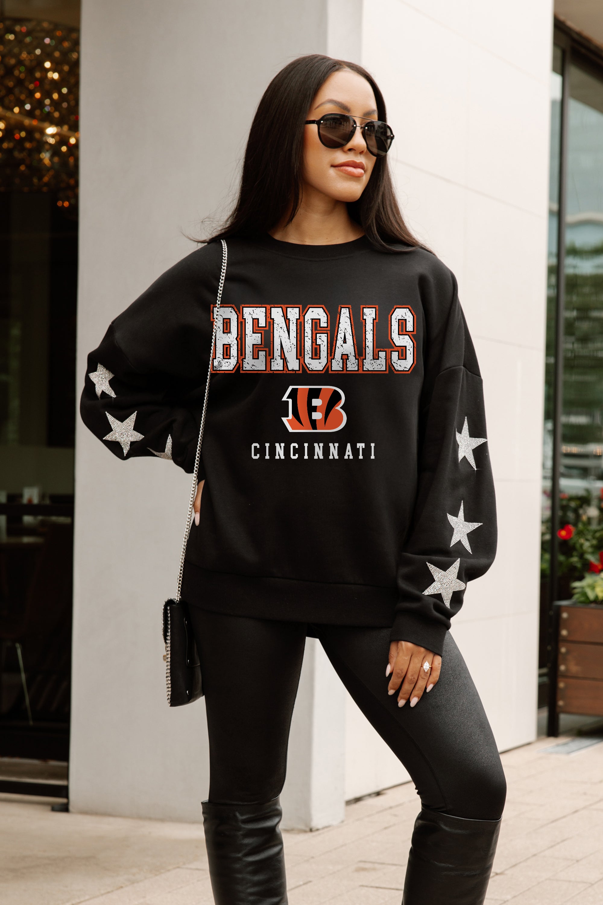 CINCINNATI BENGALS VELOCITY STAR EMBELLISHED CREW SWEATSHIRT