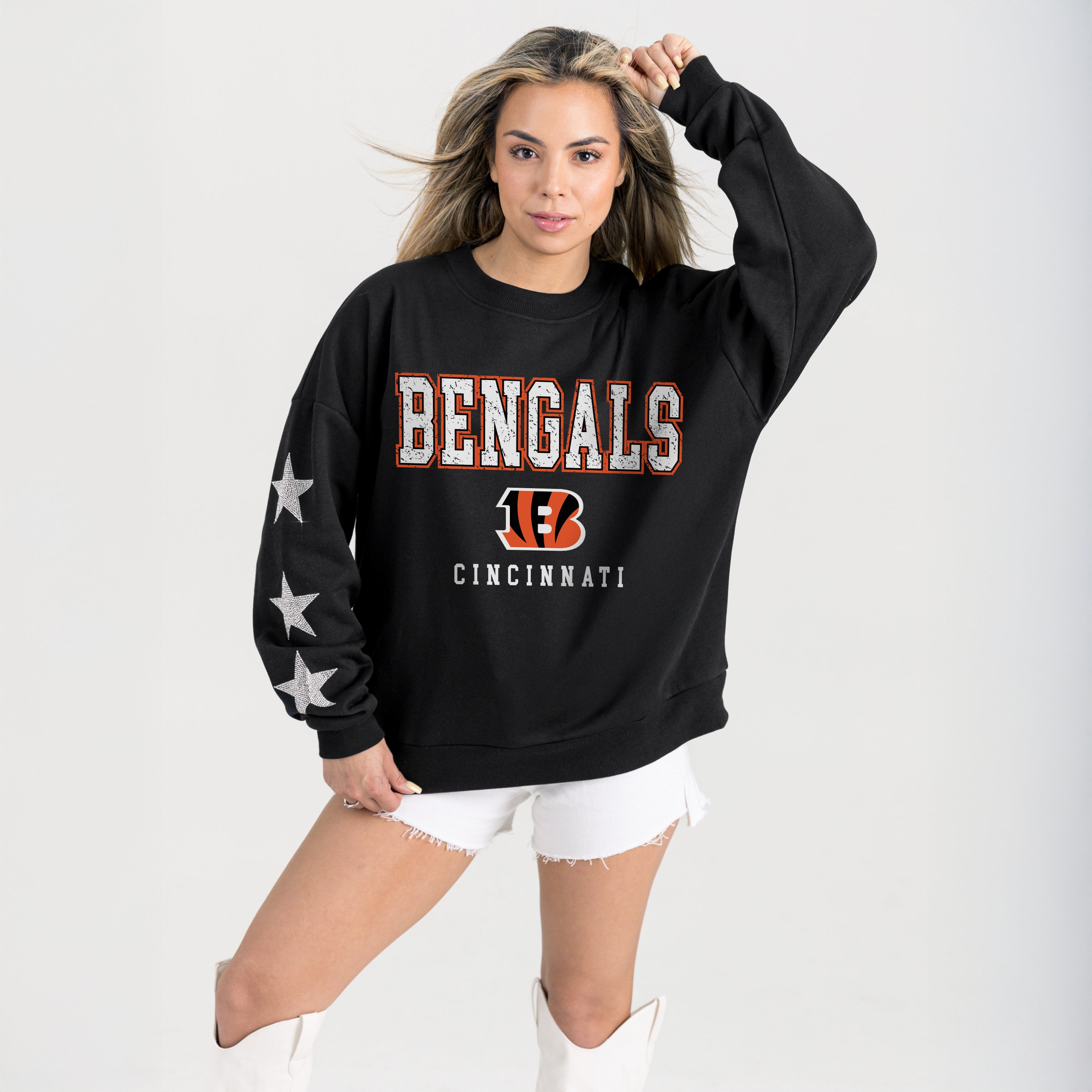 CINCINNATI BENGALS VELOCITY STAR EMBELLISHED CREW SWEATSHIRT