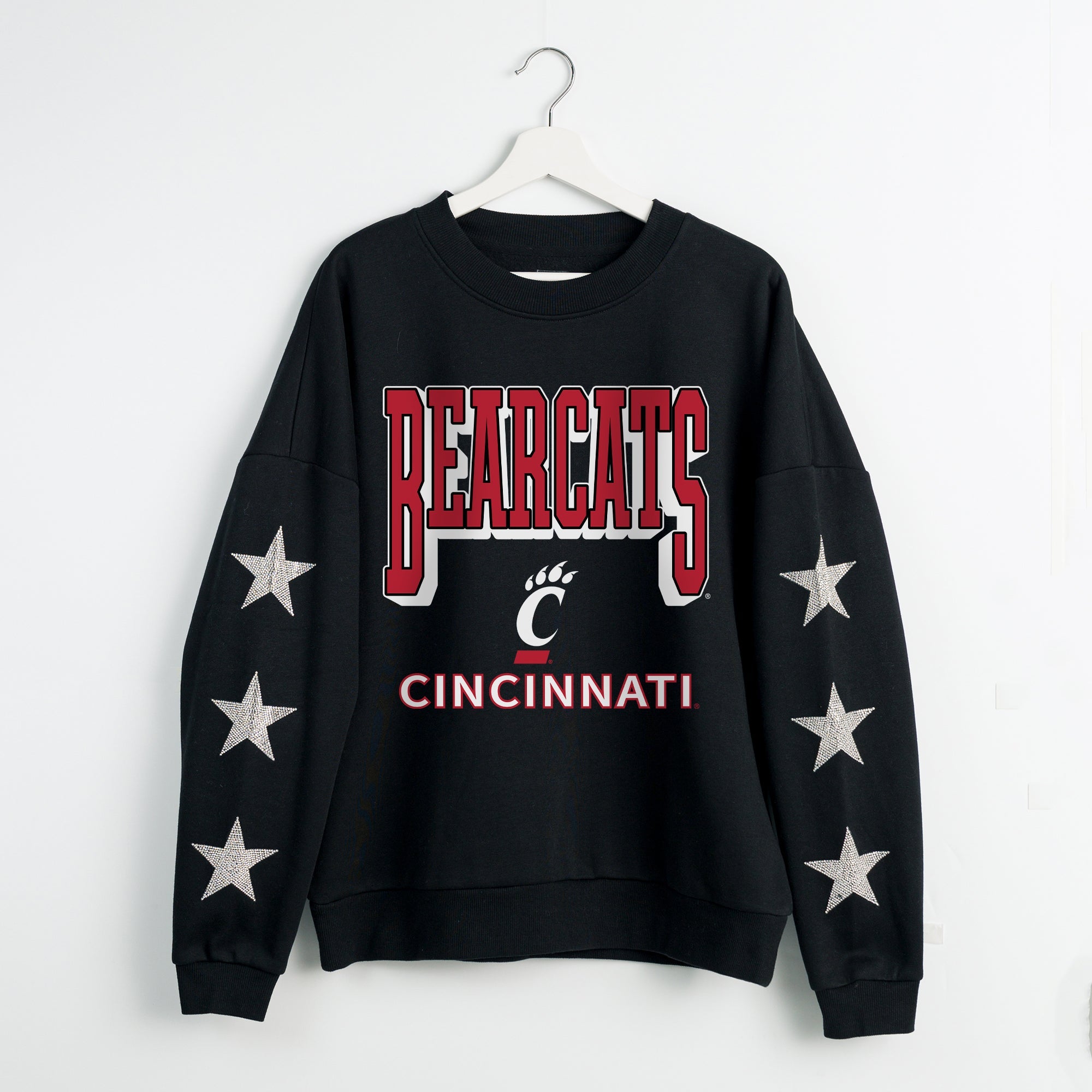 CINCINNATI BEARCATS PURE VICTORY EMBELLISHED STAR SLEEVE CREWNECK PULLOVER