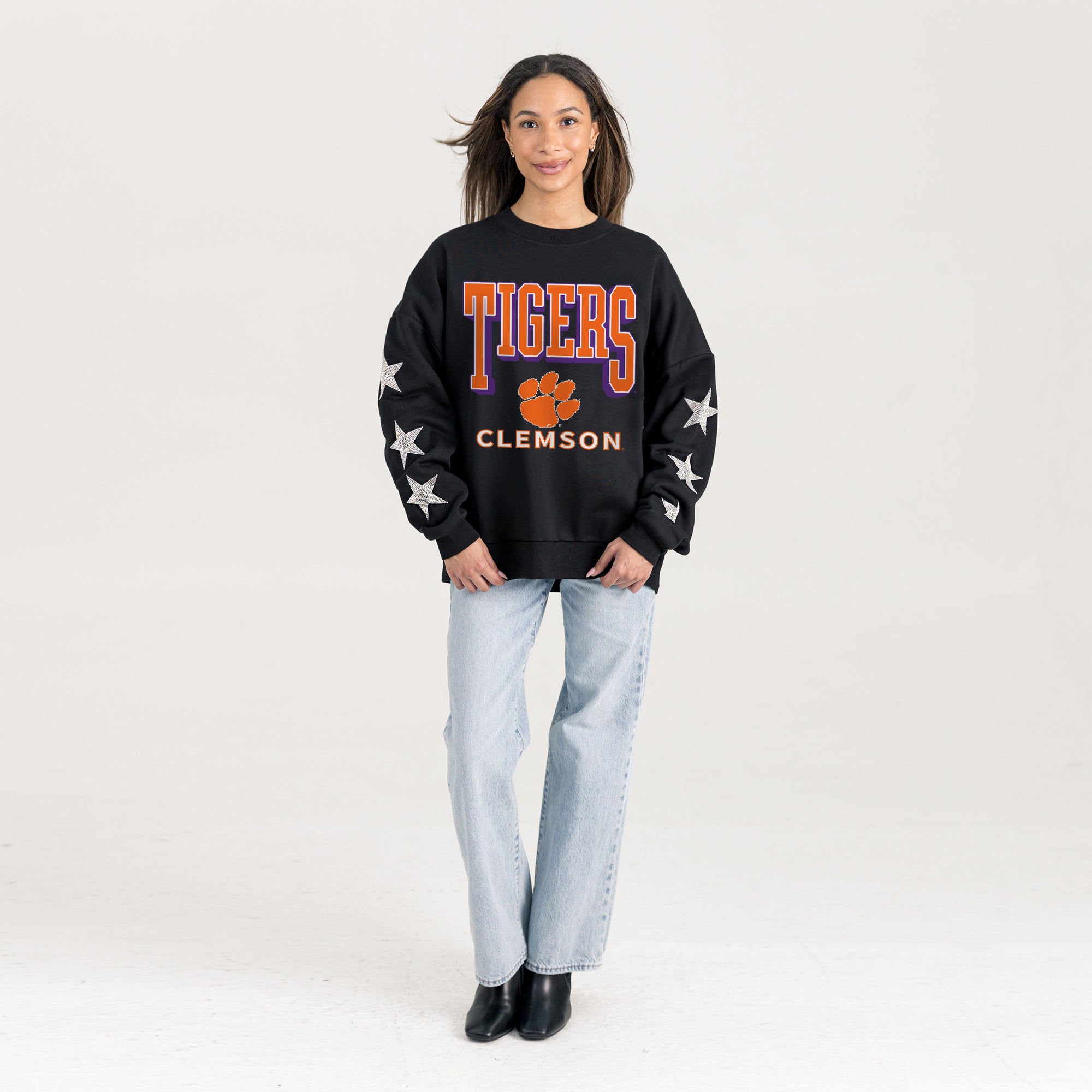 CLEMSON TIGERS PURE VICTORY EMBELLISHED STAR SLEEVE CREWNECK PULLOVER