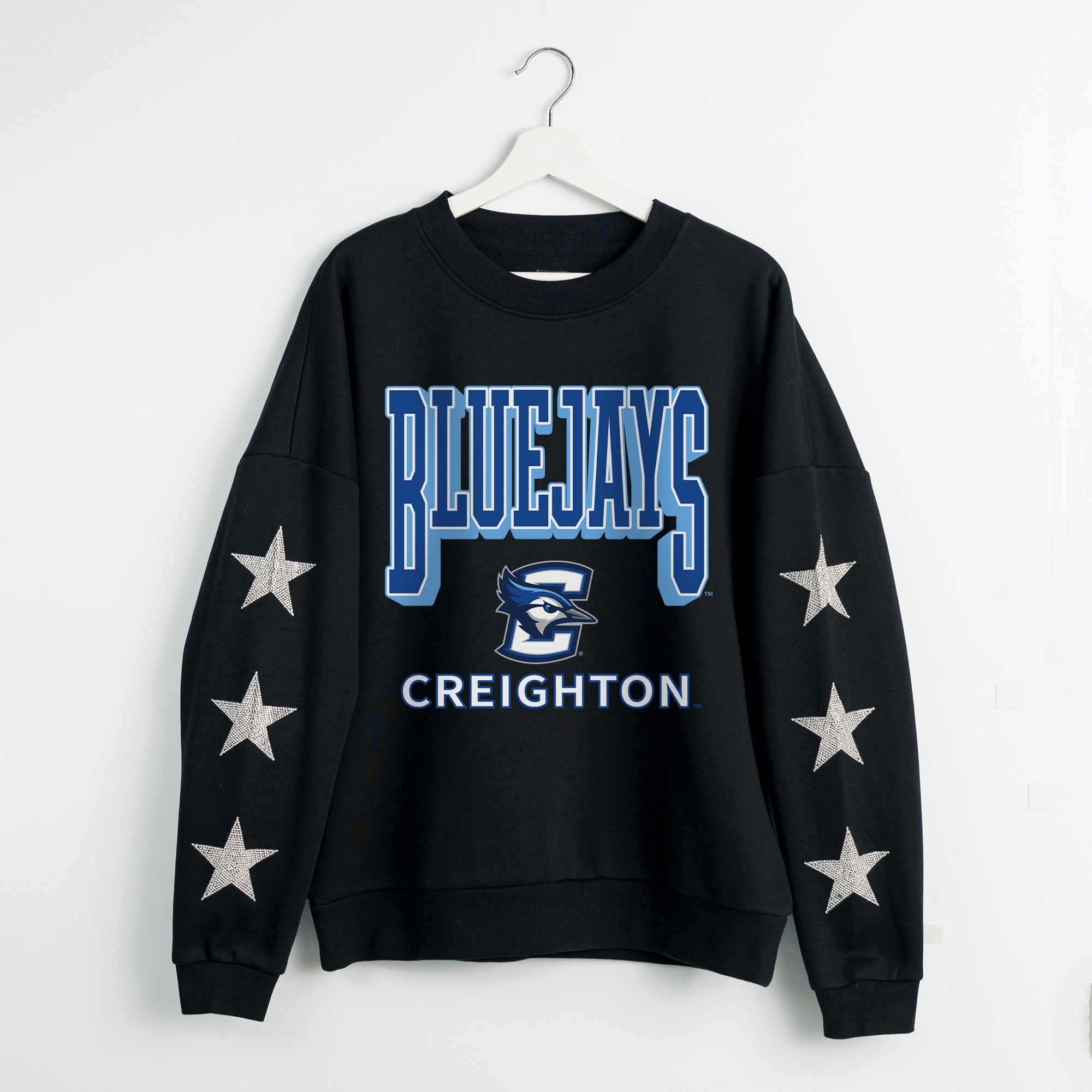 CREIGHTON BLUEJAYS PURE VICTORY EMBELLISHED STAR SLEEVE CREWNECK PULLOVER