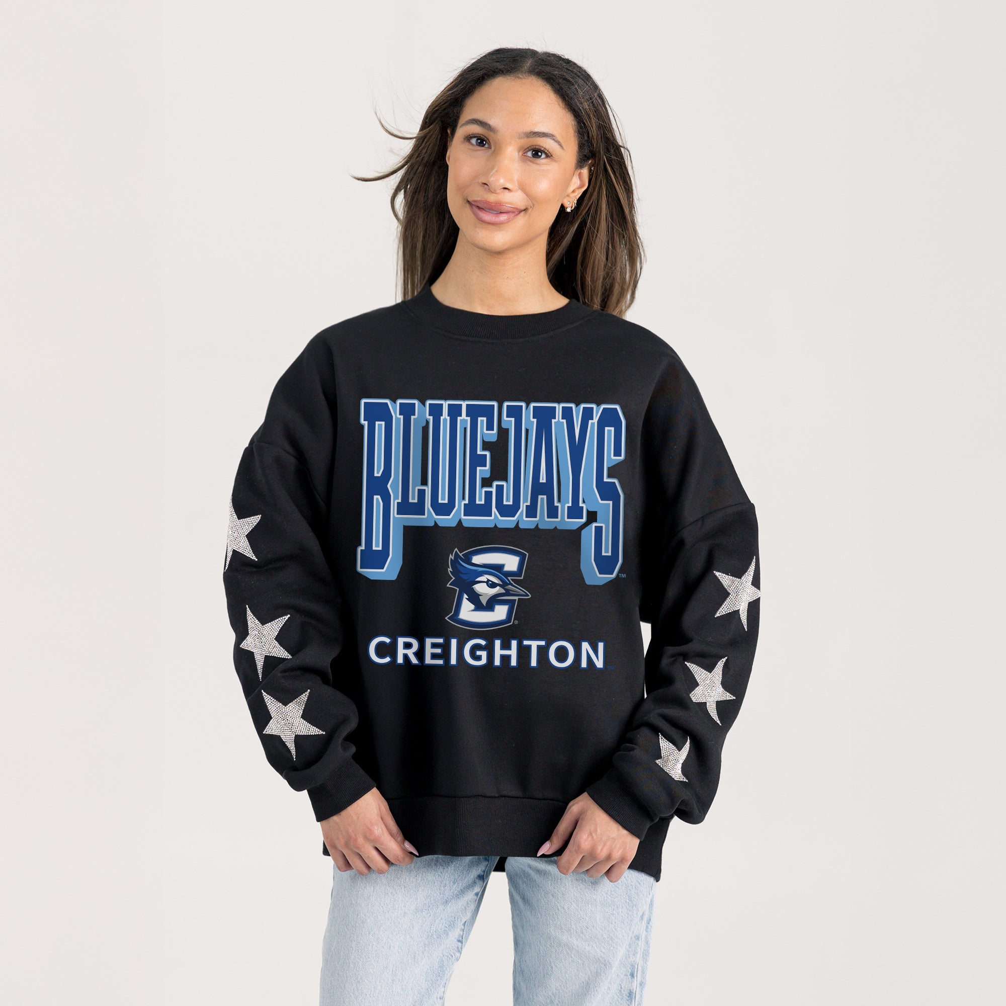 CREIGHTON BLUEJAYS PURE VICTORY EMBELLISHED STAR SLEEVE CREWNECK PULLOVER