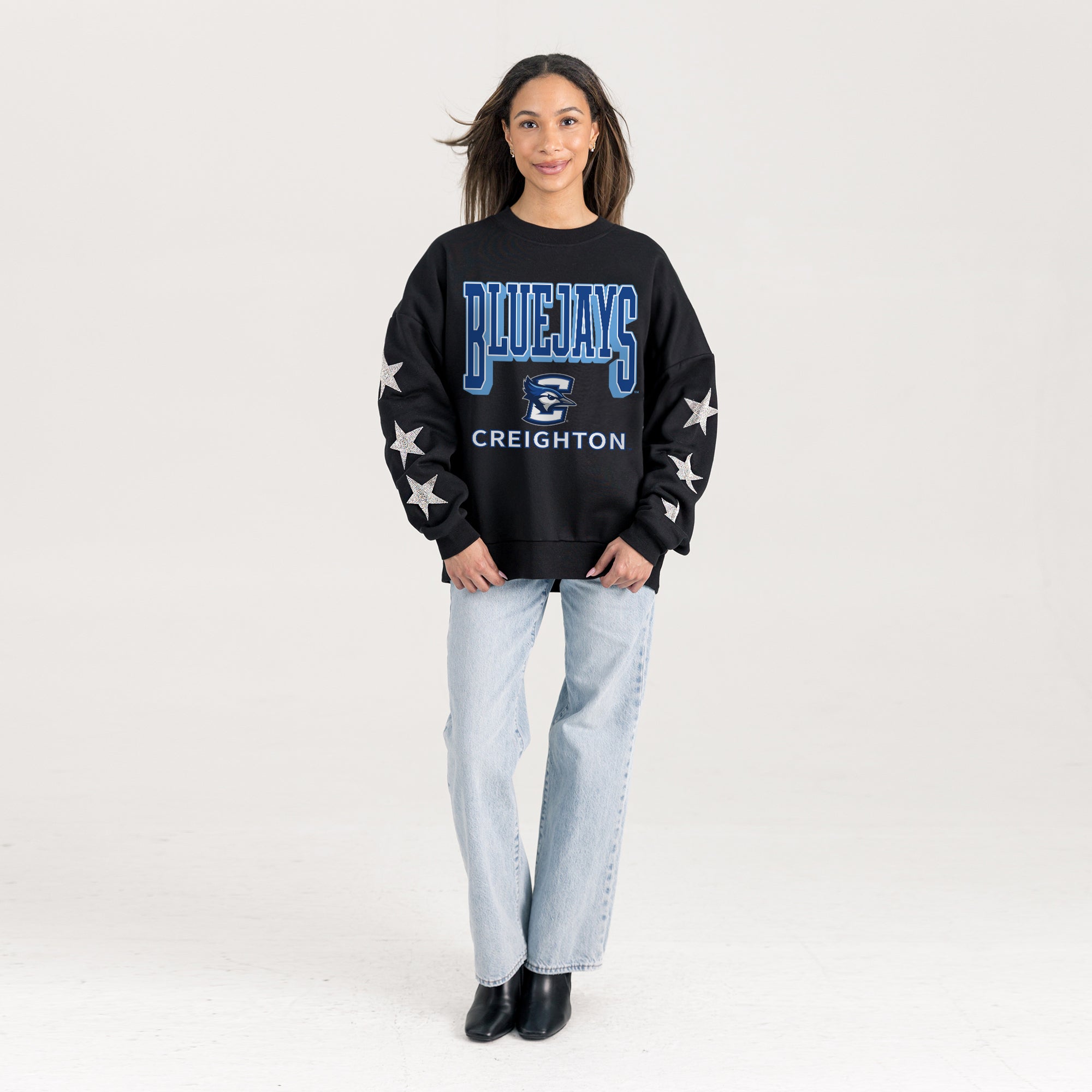 CREIGHTON BLUEJAYS PURE VICTORY EMBELLISHED STAR SLEEVE CREWNECK PULLOVER