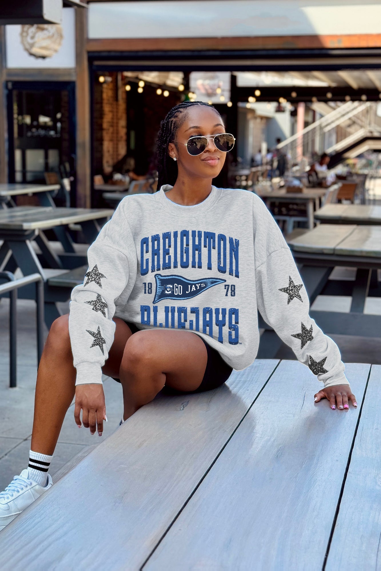 CREIGHTON BLUEJAYS PENNANT PRIDE EMBELLISHED STAR SLEEVE CREWNECK PULLOVER