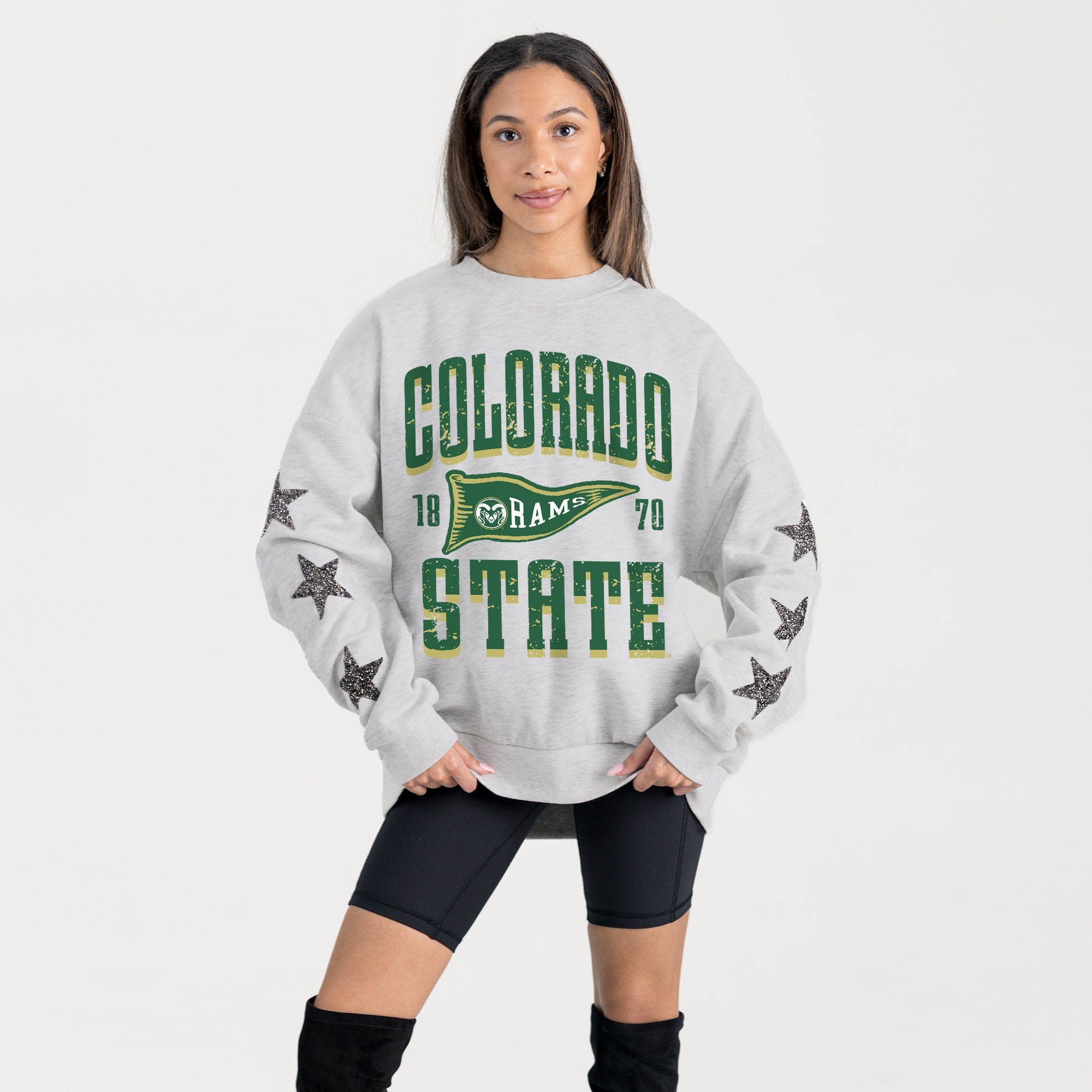 COLORADO STATE RAMS PENNANT PRIDE EMBELLISHED STAR SLEEVE CREWNECK PULLOVER