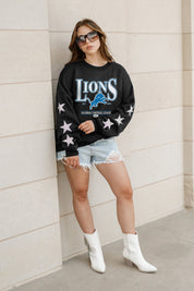 DETROIT LIONS GAMEDAY GLIMMER EMBELLISHED STAR SLEEVE CREWNECK PULLOVER