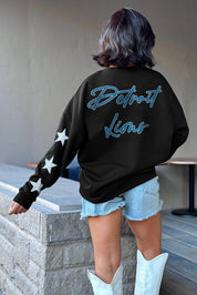 DETROIT LIONS RADIANT ENERGY EMBELLISHED STAR SLEEVE CREWNECK PULLOVER IN BLACK