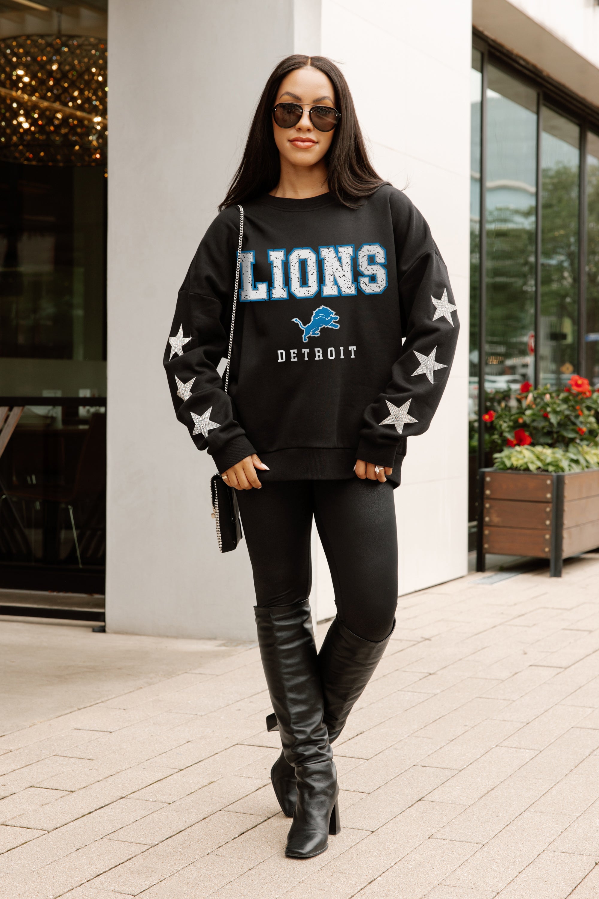 DETROIT LIONS VELOCITY STAR EMBELLISHED CREW SWEATSHIRT