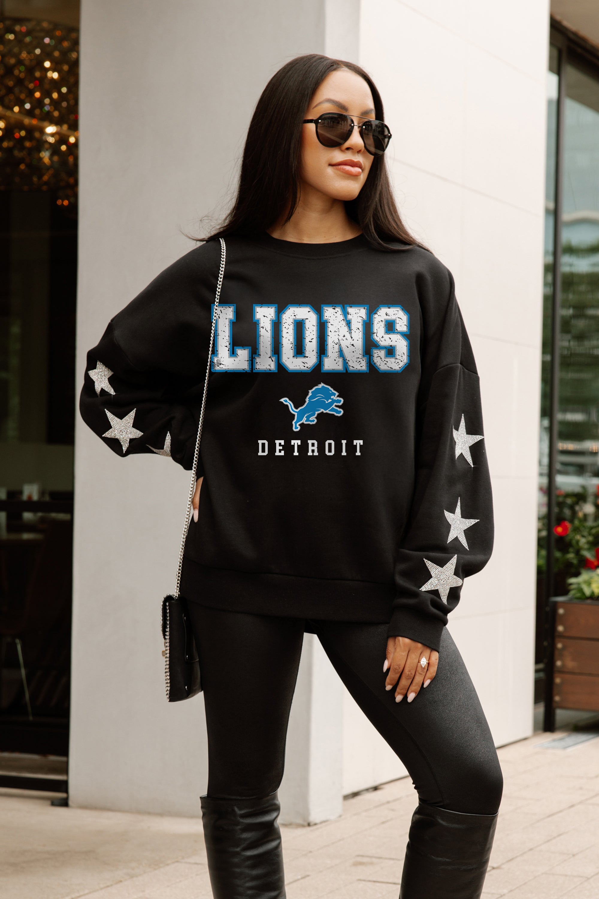 DETROIT LIONS VELOCITY STAR EMBELLISHED CREW SWEATSHIRT