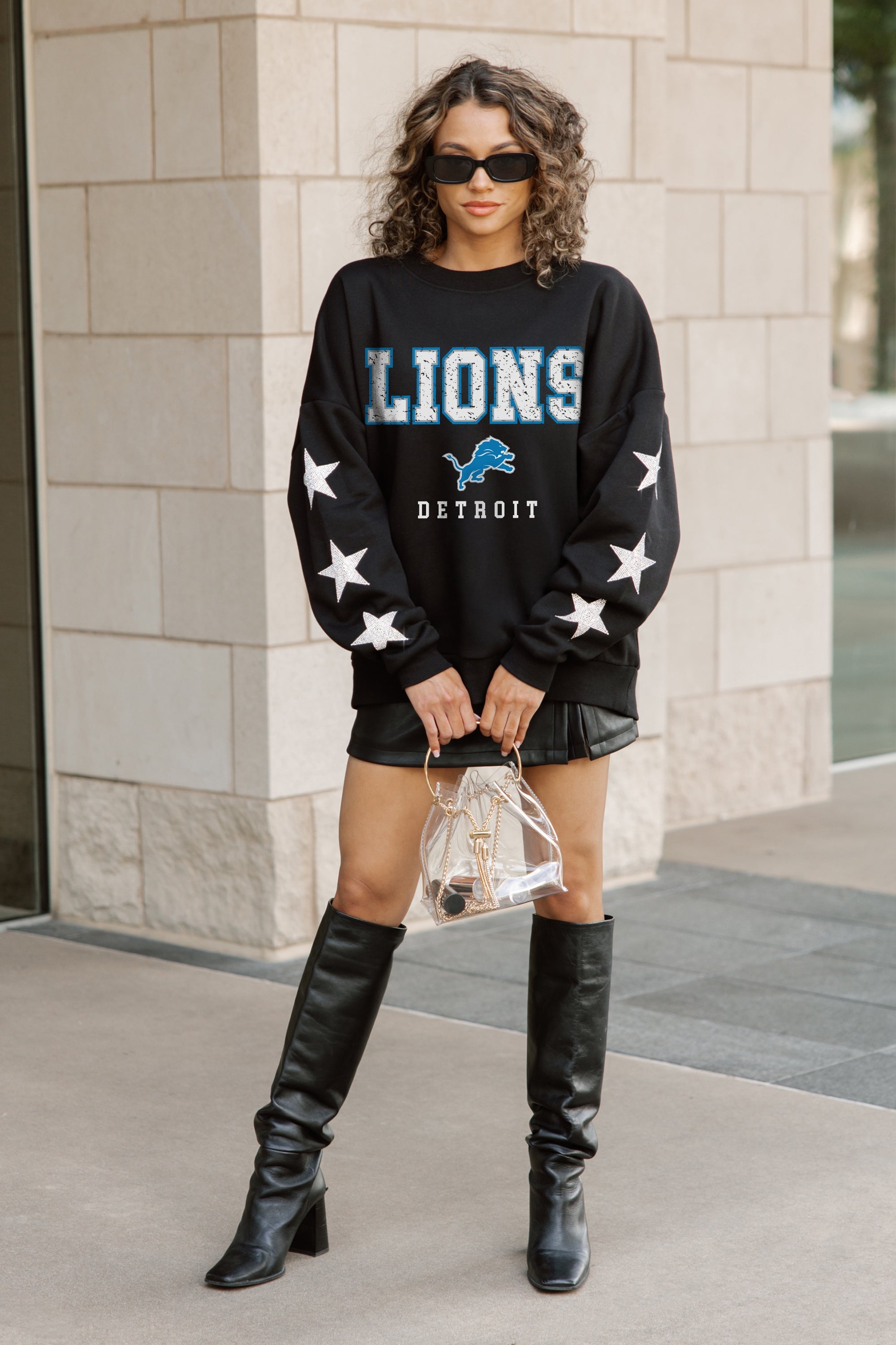 DETROIT LIONS VELOCITY STAR EMBELLISHED CREW SWEATSHIRT