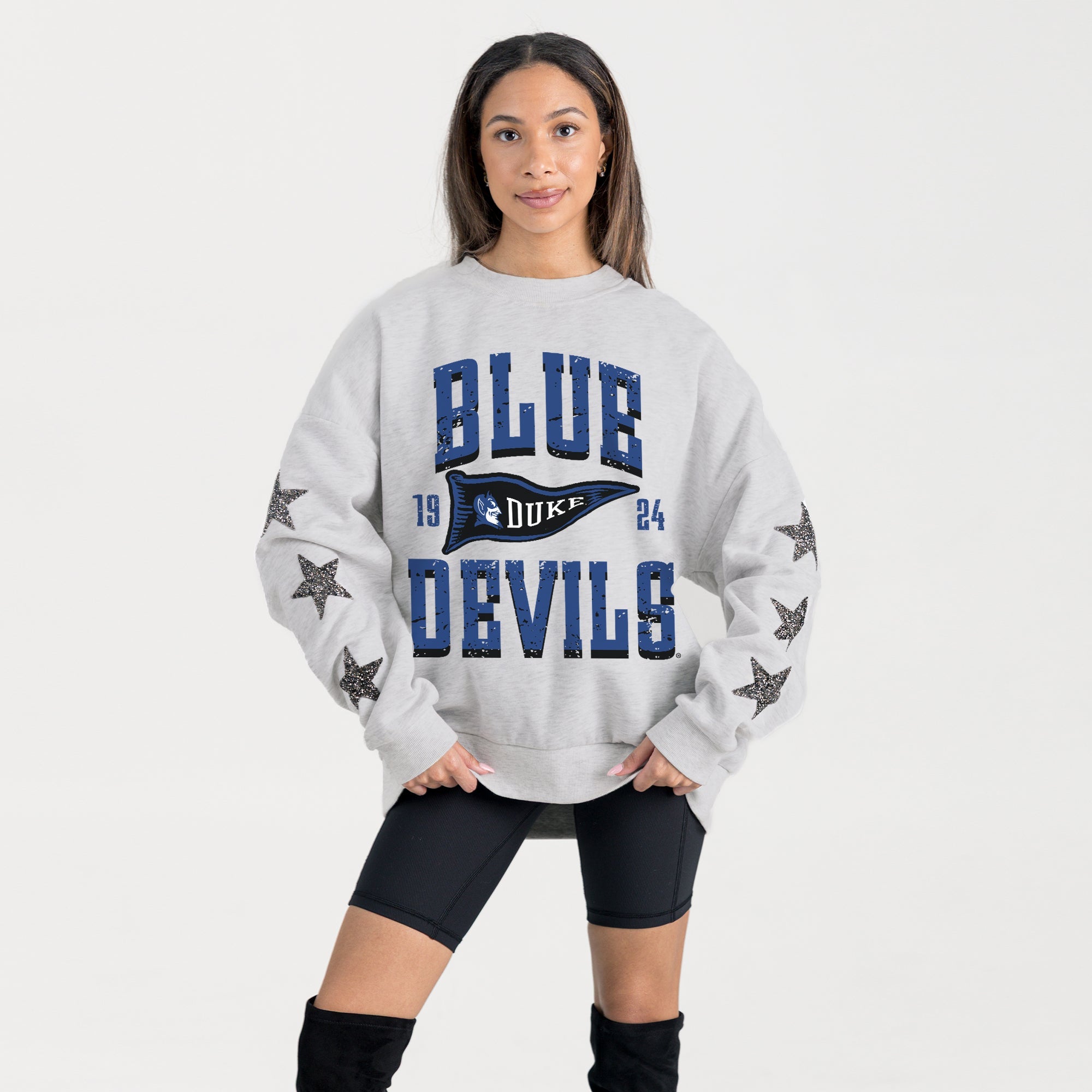 DUKE BLUE DEVILS PENNANT PRIDE EMBELLISHED STAR SLEEVE CREWNECK PULLOVER