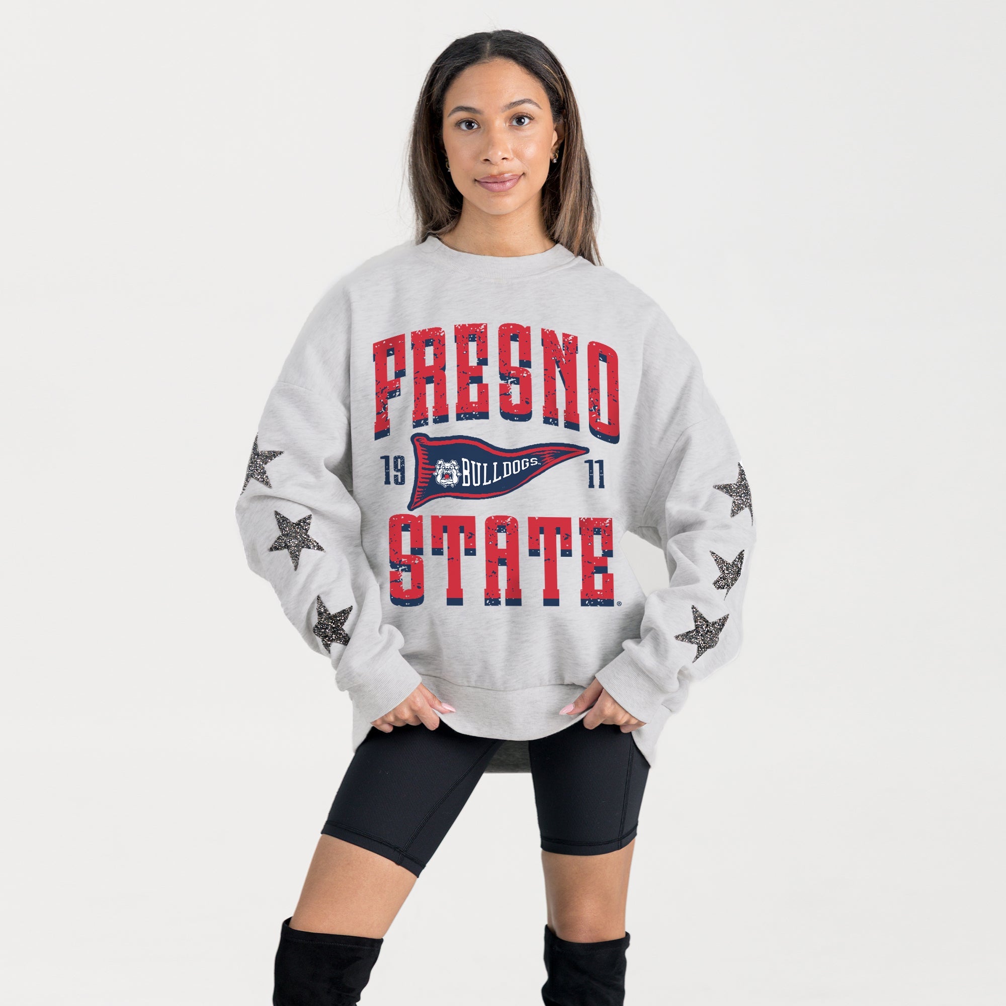 FRESNO STATE BULLDOGS PENNANT PRIDE EMBELLISHED STAR SLEEVE CREWNECK PULLOVER