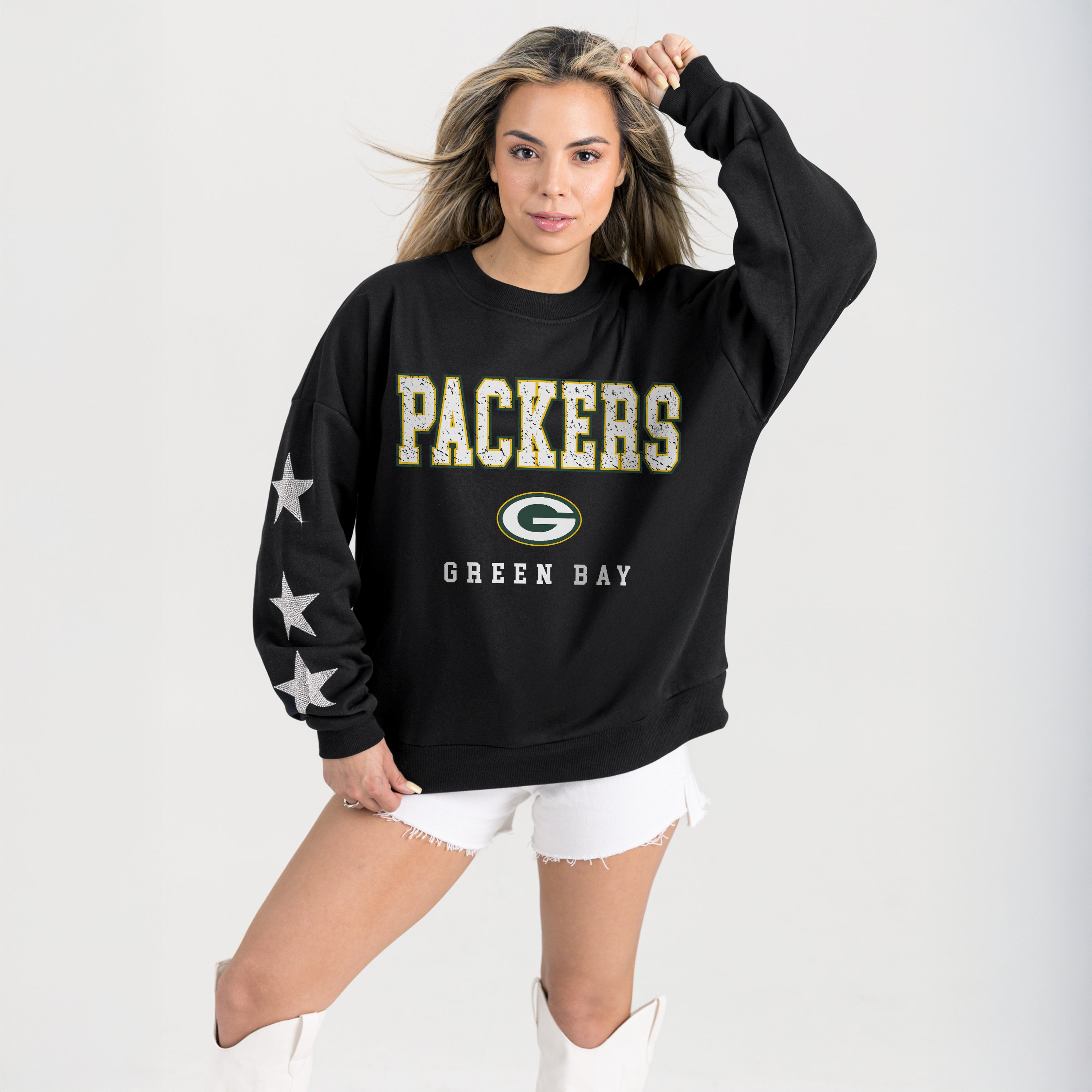 GREEN BAY PACKERS VELOCITY STAR EMBELLISHED CREW SWEATSHIRT