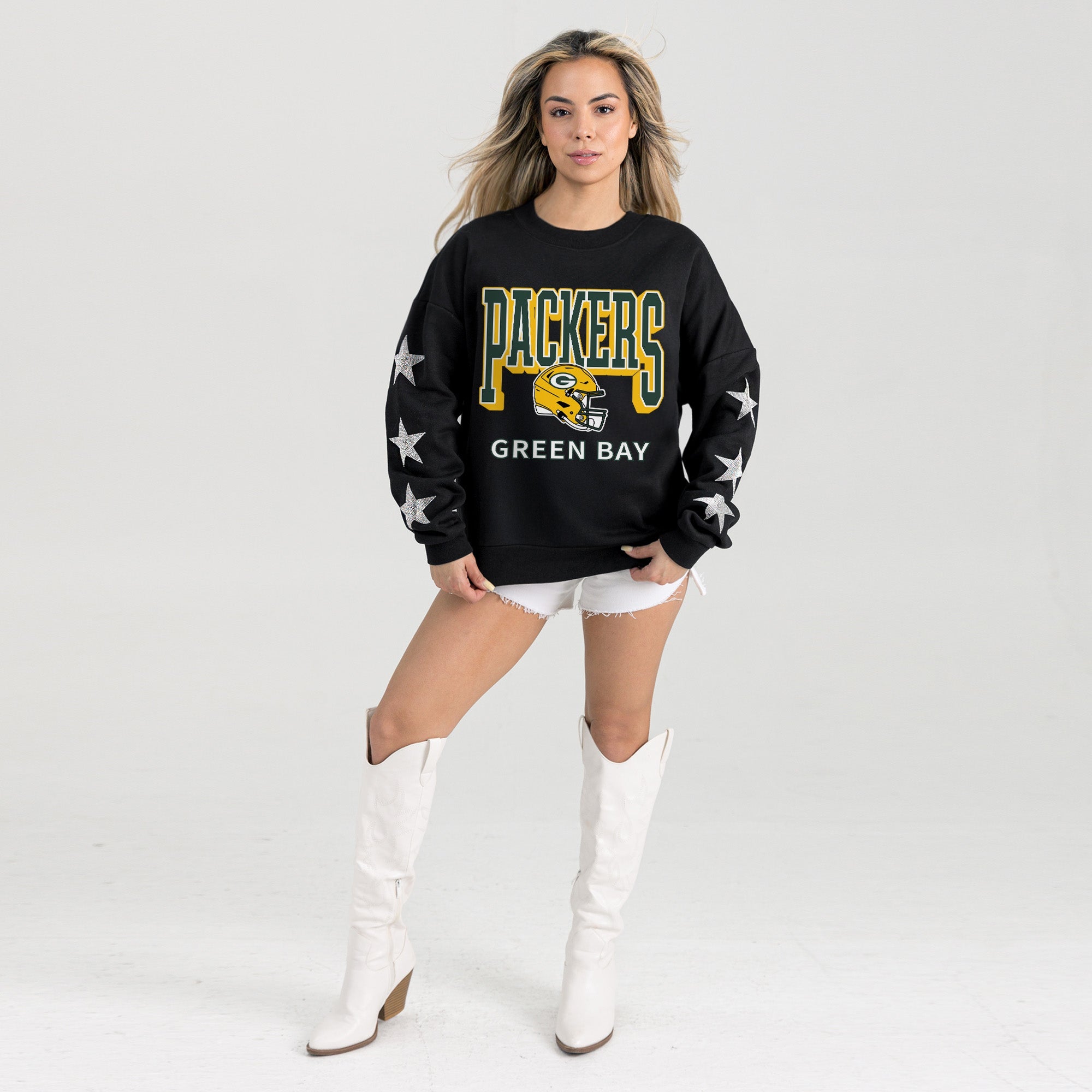 GREEN BAY PACKERS PURE VICTORY STAR EMBELLISHED CREW SWEATSHIRT