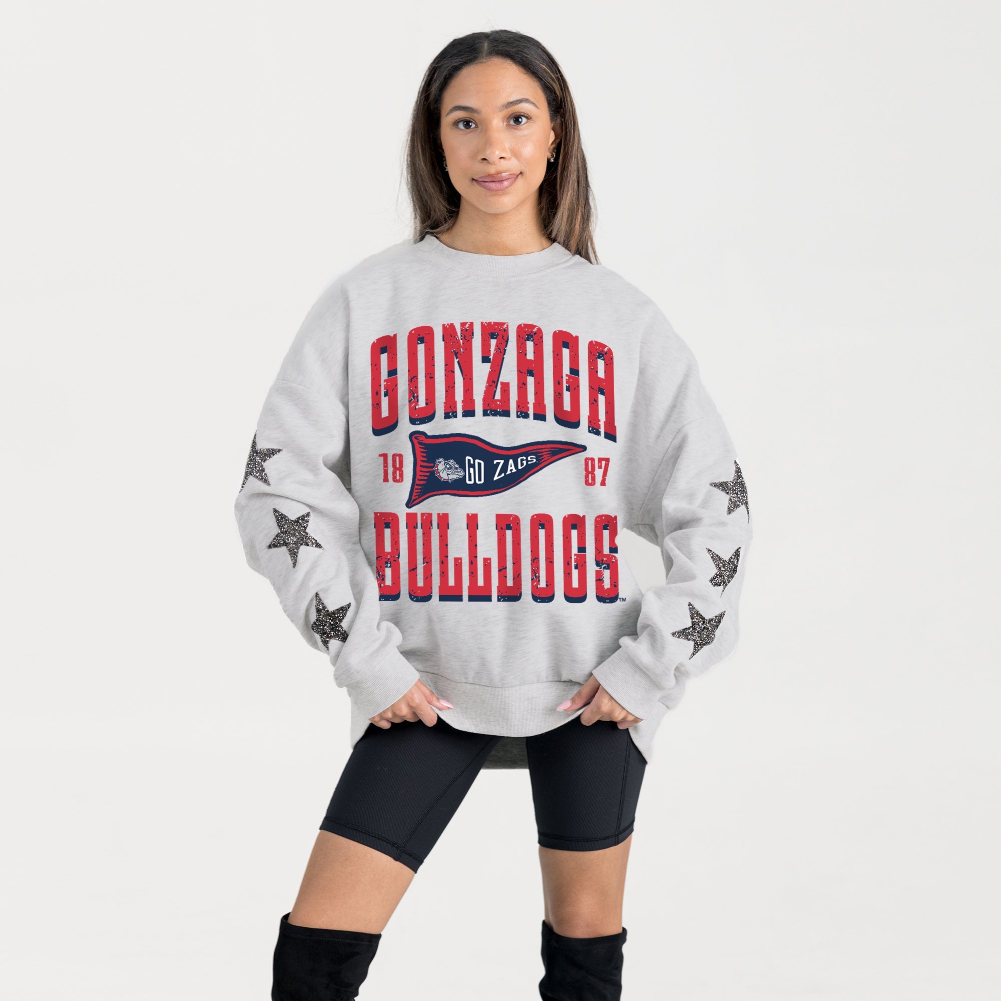 GONZAGA BULLDOGS PENNANT PRIDE EMBELLISHED STAR SLEEVE CREWNECK PULLOVER